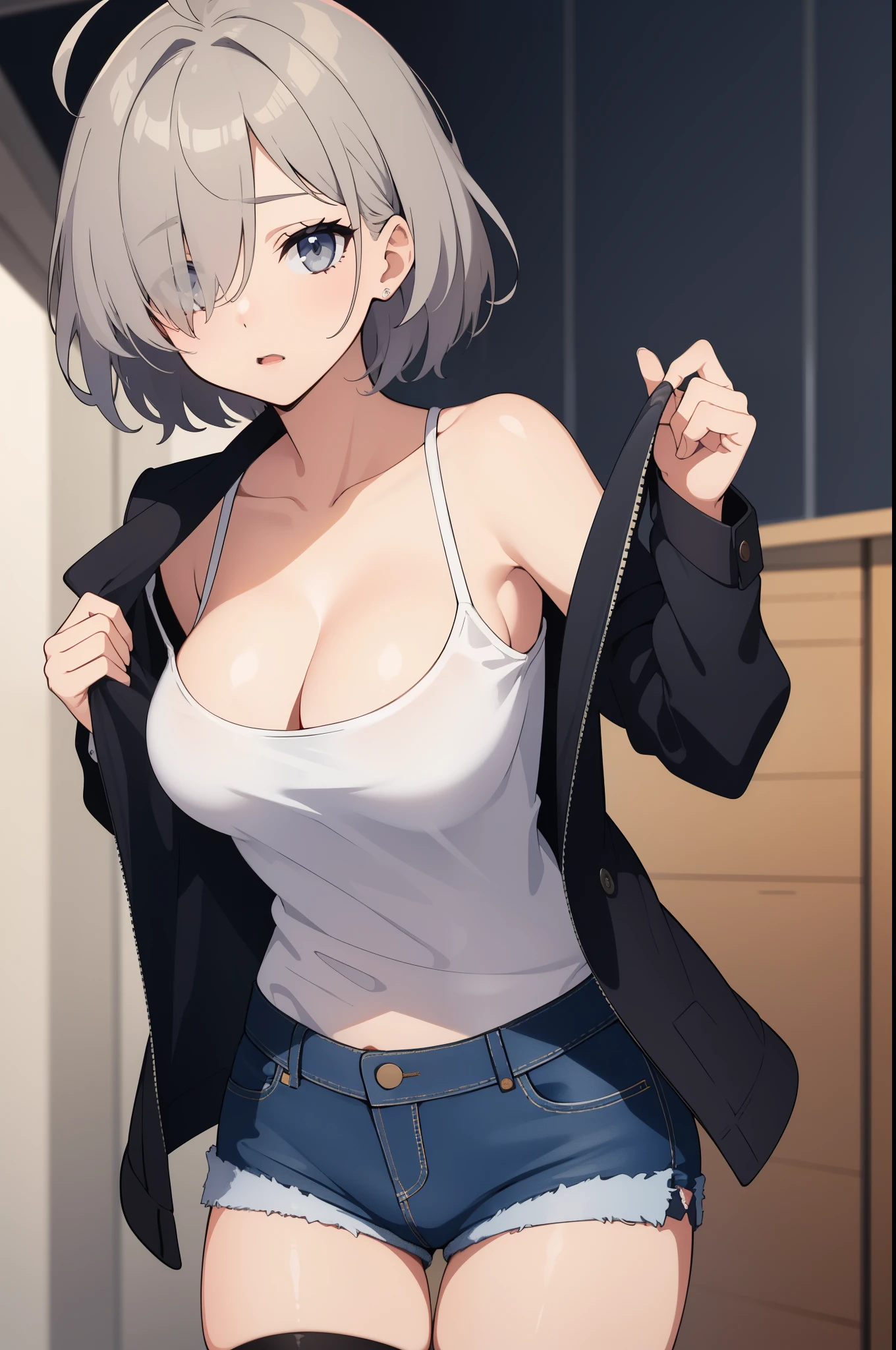 (masterpiece, best quality:1.2),illustration,8k,hd,1girl,solo, hair over one eye,short hair,ahoge,grey eyes,collarbone,grey hair,alternate hair length,bare shoulders,alternate hairstyle,denim shorts,large breasts,cleavage,jacket,shirt,open clothes,shoes,thighhighs, (cowboy shot)