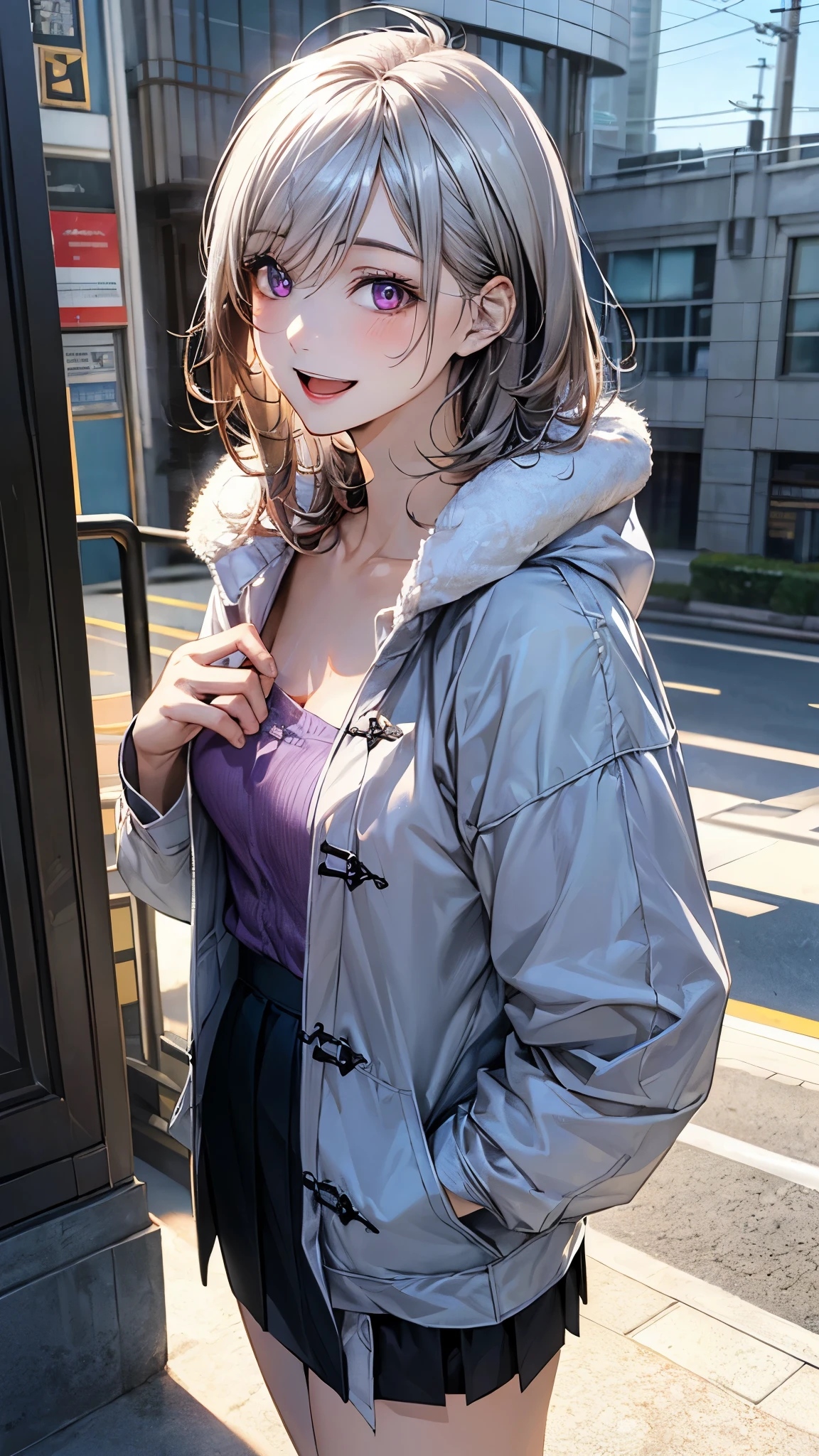 (masterpiece:1.2, top-quality), (realistic, photorealistic:1.4), beautiful illustration, (natural side lighting, movie lighting), nsfw,
looking at viewer, face focus, upper body, 1 girl, japanese, high school girl, perfect face, cute and symmetrical face, shiny skin,
(short hair:1.2, messy hair:1.2, silver hair), hair between eyes, maroon eyes, slant eyes, long eye lasher, (medium breasts), slender,
beautiful hair, beautiful face, beautiful detailed eyes, beautiful clavicle, beautiful body, beautiful chest, beautiful thigh, beautiful legs, beautiful fingers,
((detailed cloth texture, long sleeves white parka, purple cat pettern shirts, black mini skirt)),
(beautiful scenery), , evening, (outdoors), walking, (lovely smile, open mouth),