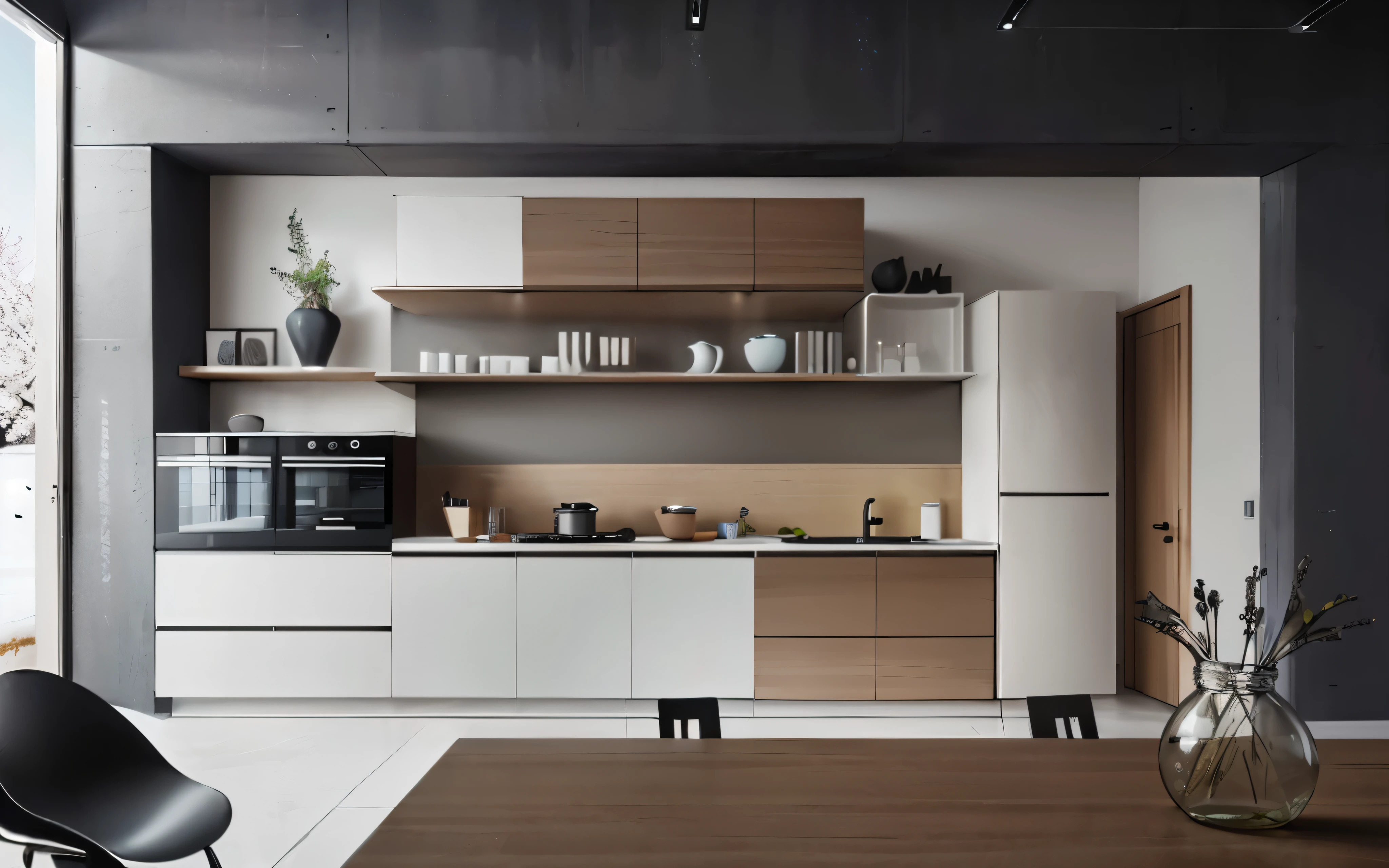 there is a kitchen with a table and chairs in it, minimal kitchen, dark ocher and white, Kirill Kotashev's style, kitchen, Modern and simple, simple clean lines, elegant minimalism, clean lines, unit, luxury bespoke kitchen design, perfect design, minimally modern, Stylish design, precise, Modern and simple f 2 0, Clear and smooth lines