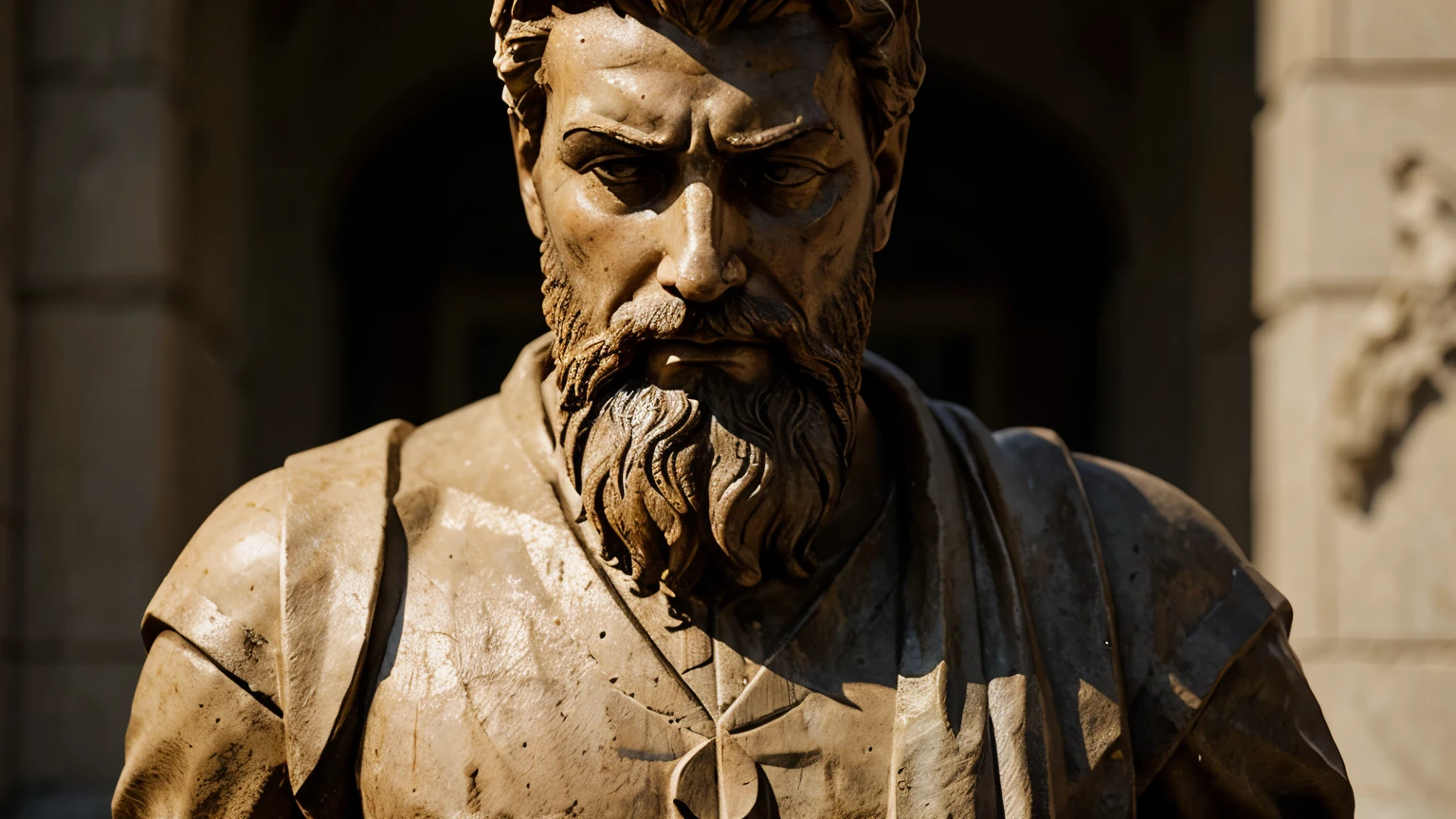 a stoic stone statue, man, beard, sad, crying, blurred background, great quality