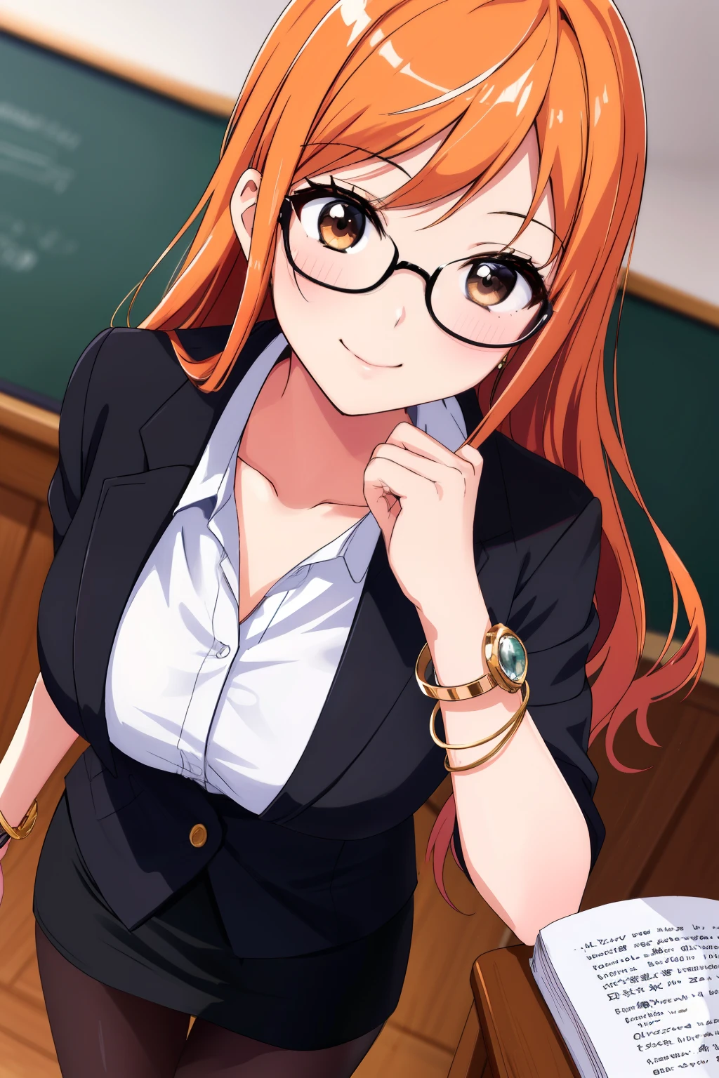 masterpiece, highest quality, 8K, ultra high resolution, highest quality, anime style, best writing, beautiful face, masterpiece, highest quality, 1 girl, alone, we \(one piece\), 1 girl, bangs, bracelet, chest, brown eyes, floating hair, jewelry, long hair, looking at the viewer, orange hair, side lock, smile, alone , (white Y-shirt:1.3), chest開き, (black suit:1.2), open the front, (black tight skirt:1.3), glasses, stand in front of the blackboard, pulpit, read textbook, (During class:1.3), (extreme close up:1.3)
