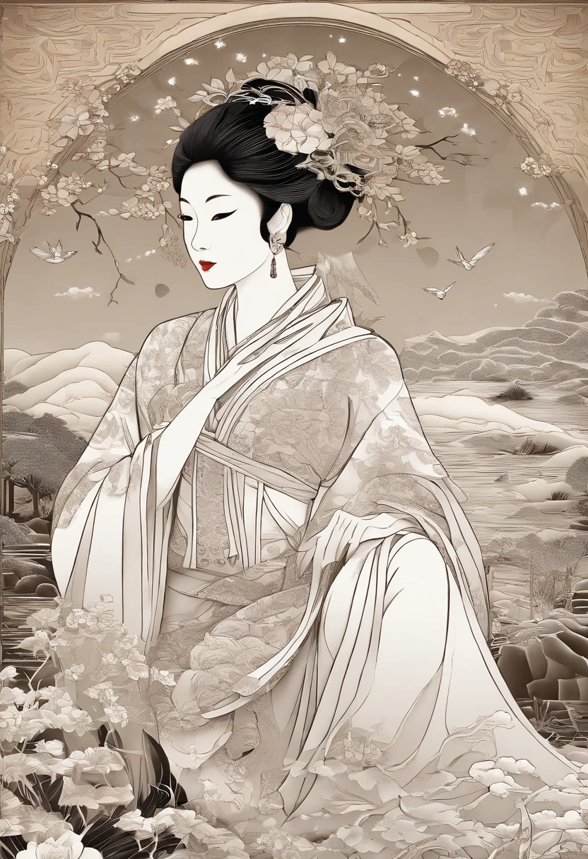 masterpiece, A Chiense woman in a hanfu, beautiful render of a fairytale, in the style of paper art, painting of beautiful, beautiful as the moon, very intricate masterpiece, painted metal, beautiful intricate masterpiece, multiple layers, Mysterious, Ancient China background, brown