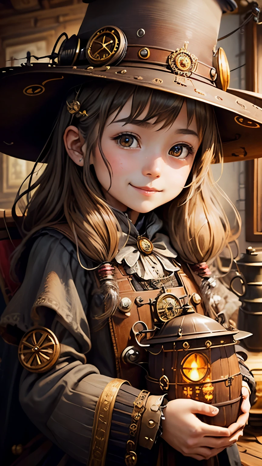 steampunkai。highest quality。masterpiece。detailed details。one girl。 cute girl。steampunk witch。witch hat。witch&#39;s clothes。long light brown fluffy hair。smile。stir the steaming cauldron。The background is the messy interior of the witch&#39;s house.。