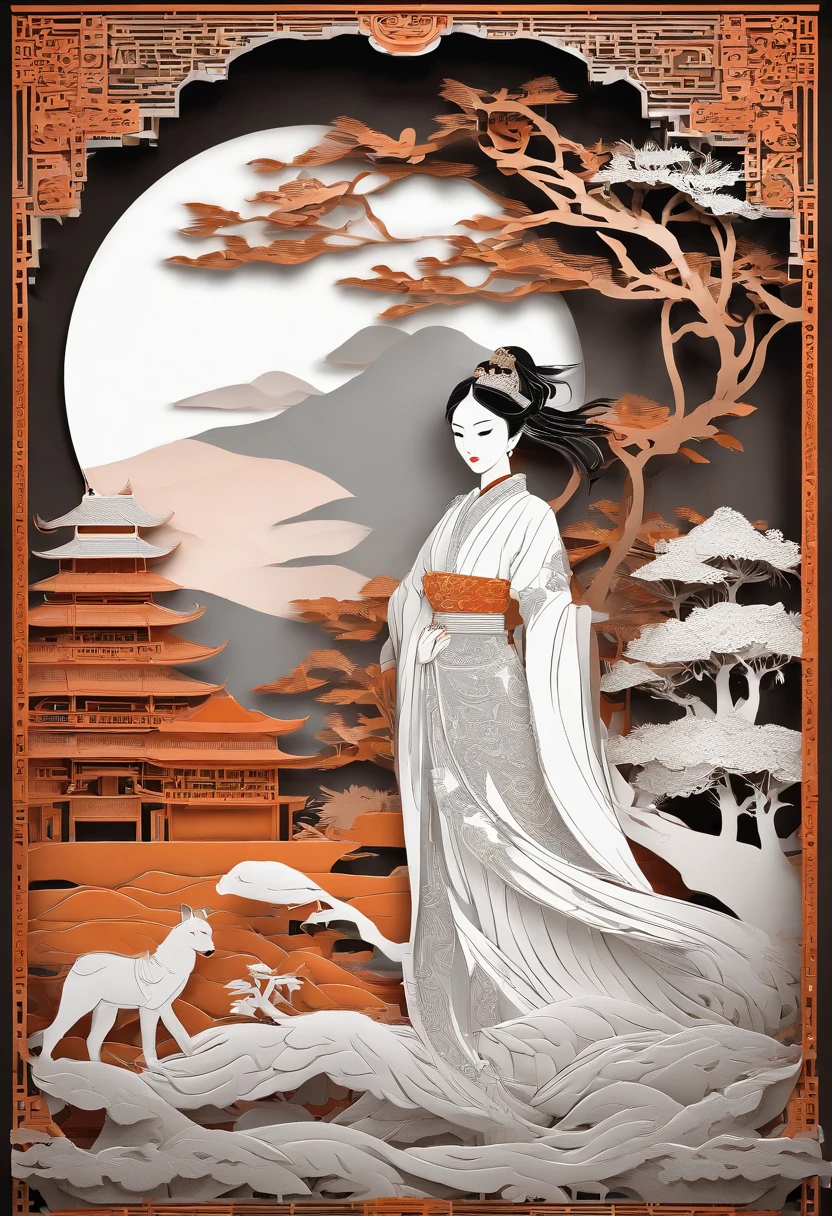 masterpiece, A Chiense woman in a hanfu, beautiful render of a fairytale, in the style of paper art, painting of beautiful, beautiful as the moon, very intricate masterpiece, painted metal, beautiful intricate masterpiece, multiple layers, Mysterious, Ancient China background, orange
