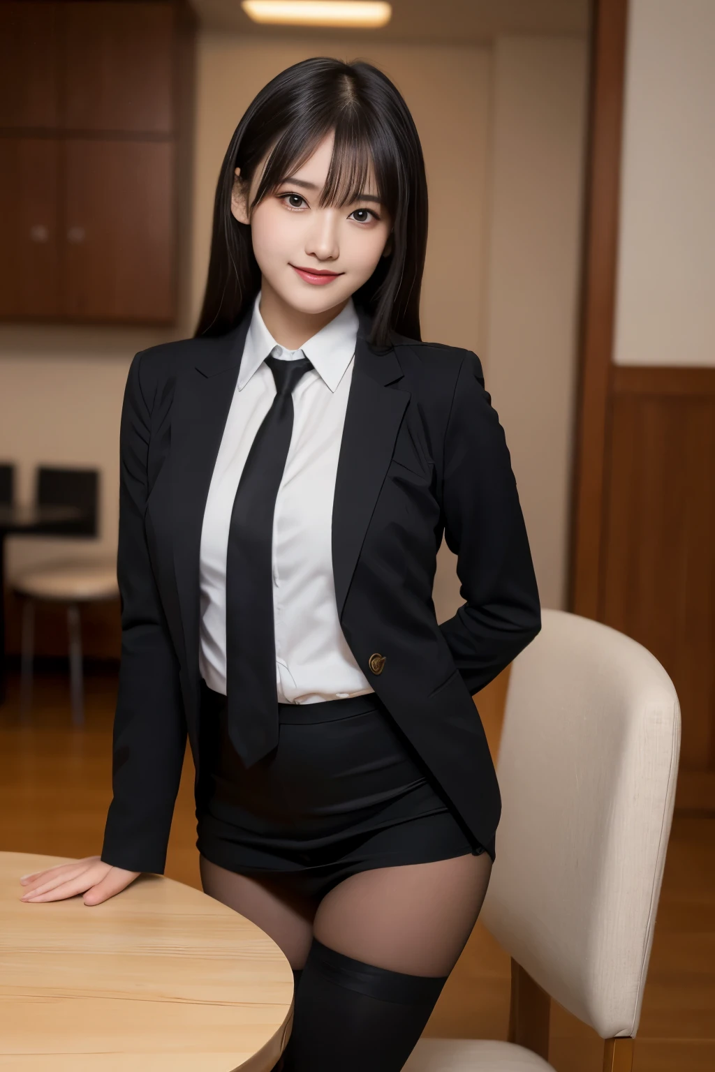table top, highest quality, figure, super detailed, finely, High resolution, 8k wallpaper, 完璧なダイナミックな構figure, beautiful and fine eyes, business suit,natural color lip, smile、18 year old girl,Wearing black tights and stockings、plump thighs、shortcut