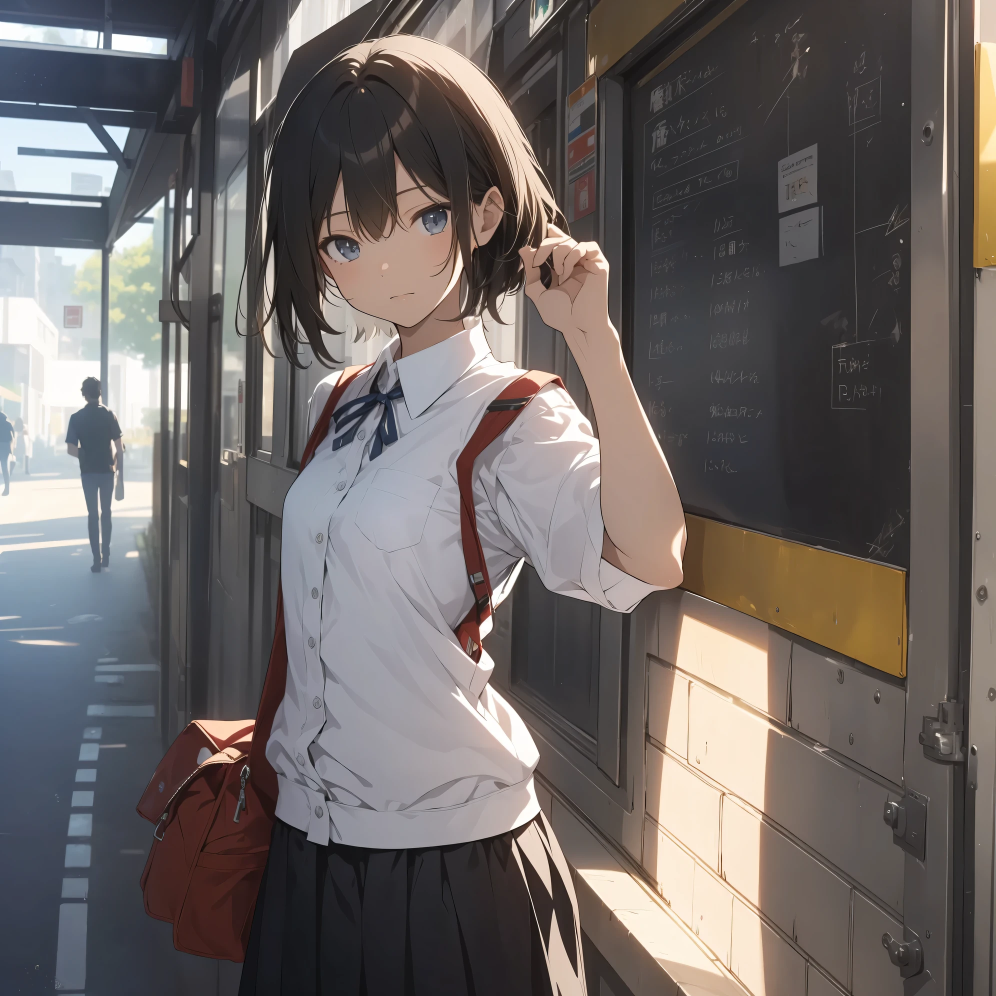 Ultra-highest quality by the art god, super detailed, High resolution, anime moe art style, best anime 8K konachan wallpaper, pixiv contest winner, perfect anatomy, break,(眠そうにalone学校へ行く女の子を描いてください. )break, 1 girl, (alone,little woman, , :1.3),All limbs, full finger,, The charm of an immature body, (very short hair), flat chest, small ass, between legs, Small black eyes, beautiful and fine eyes, Well-proportioned iris and pupils, expressive eyes, High resolutionの詳細な髪, ribbon, skirt, collared shirt, neck ribbon, pleated skirt, school uniform, shirt, white shirt, (detailed lighting), (detailed background), On the way to school. break,super dense skin, Best lighting by famous artists, 8K, figure,UHD, rough skin
