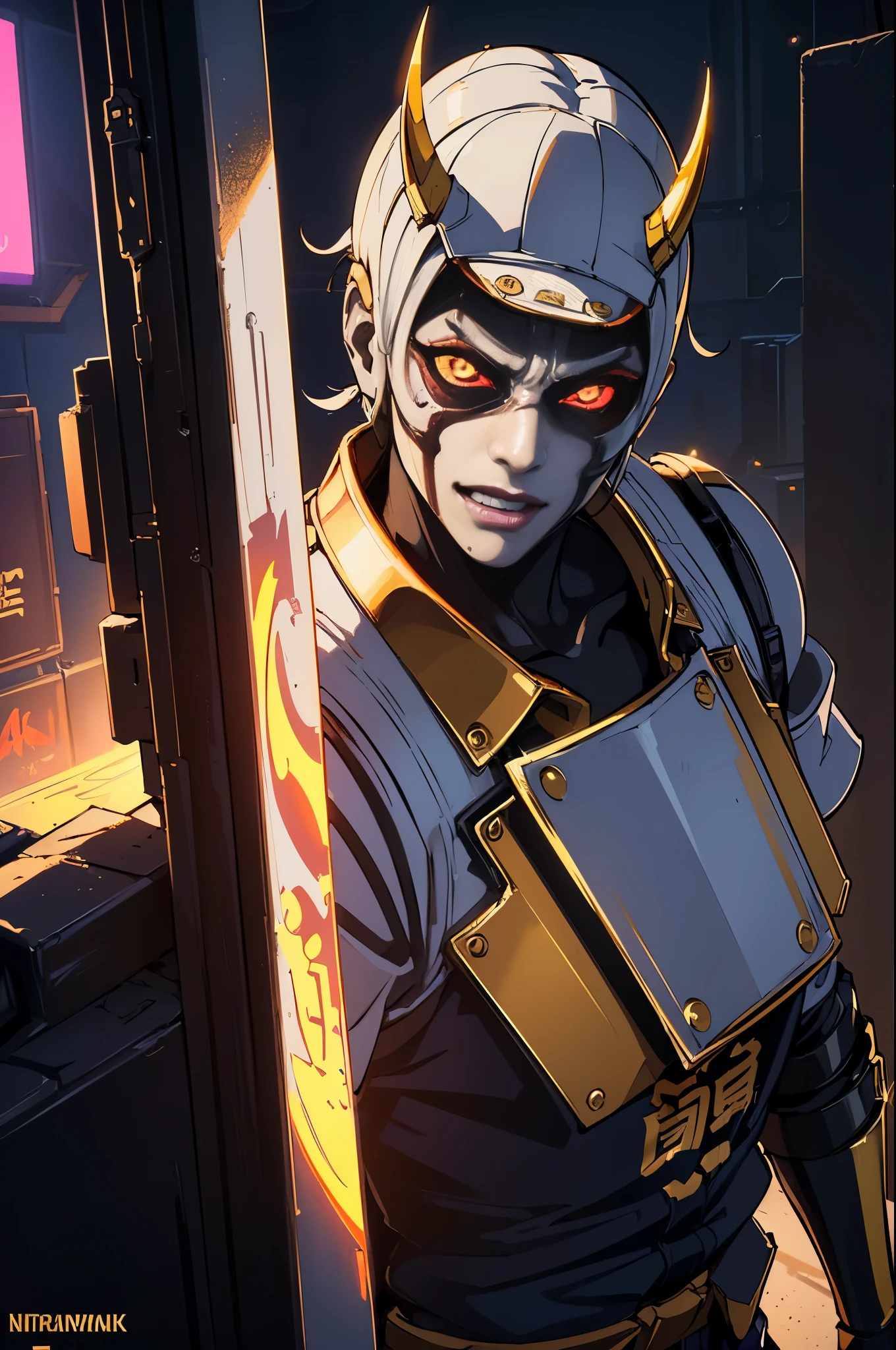 (urban samurai Wearing a Demon Mask:1.35),full body, (Armed with a long and large Japanese sword),facing front,(gold and white cyberpunk military cloth armor:1.5),(cyberpunk Tokyo city background)
(best quality,4k,8k,highres,masterpiece:1.2),ultra-detailed,(realistic,photorealistic,photo-realistic:1.37),HDR,UHD,studio lighting,ultra-fine painting,sharp focus,physically-based rendering,extreme detail description,professional,vivid colors,bokeh,
portraits,landscape,horror,anime,sci-fi,photography,concept artists,
(vibrant colors and contrast), (dramatic lighting:1.1),(neon lights and glowing signs),(mysterious and captivating atmosphere)