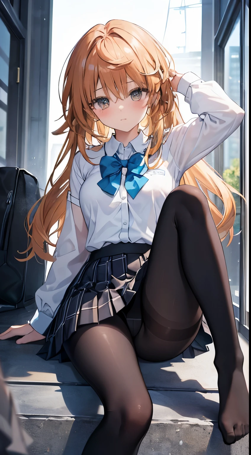 the best, masterpiece, HD, (whole body), frontal lobe, Symmetrical, mature high school, alone, (whole body from head to toe), small breasts, long hair, slightly messy hair, (black leggings), ( (black pantyhose), black pantyhose, (composition where she is made to sit and lift her leg and make her leg open), (both arms, both arms放在背后), composition show white, slender beautiful leg, a very pretty girl (without wearing shoes) leg), blush, shy big eyes, messy hair, looking at camera, show white, White ruffled underwear, high school uniform blazer, high school white shirt, high school with blue ribbon, Short plaid high school uniform and navy pleated skirt