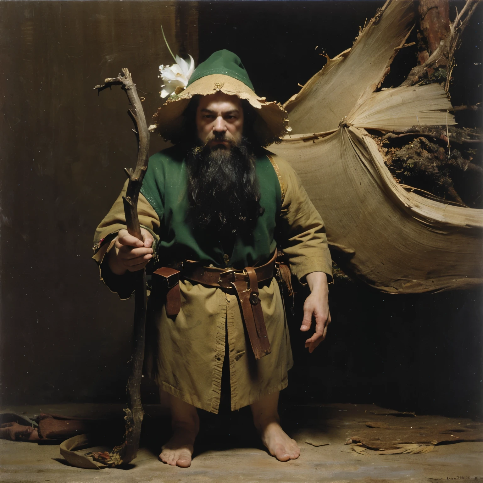 8k, photo of the most beautiful artwork, Forground: a dwarf male with a beard standing barefoot in luch grass holding a Druid Staff made of wood, he is wearing a green coat with a belt at the waist, pouches, wizard hat with a feather in it. Background: A luch forest environment,tree trunks, roots, vegitation, giant trees. Render the scene: Vibrant colors, photorealistic, sharp focus, (highly detailed:1.4), oil painting, ambient Light.