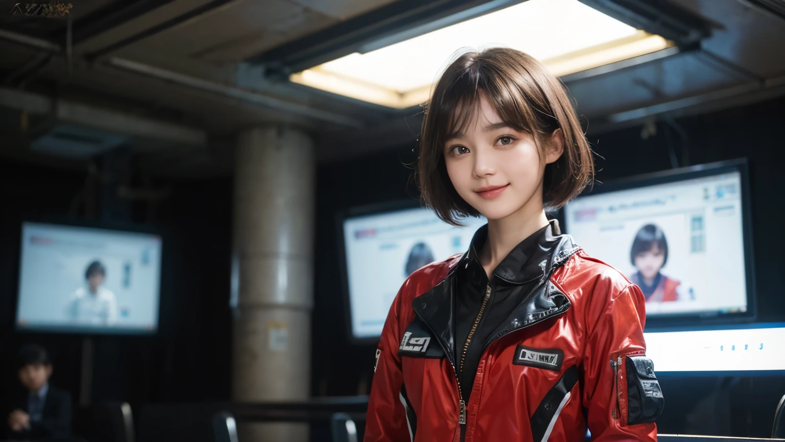 162
Shorthair, (a 20 yo woman, standing), A hyper-realistic, gentle smile, sci-fi cool suit, (口紅)