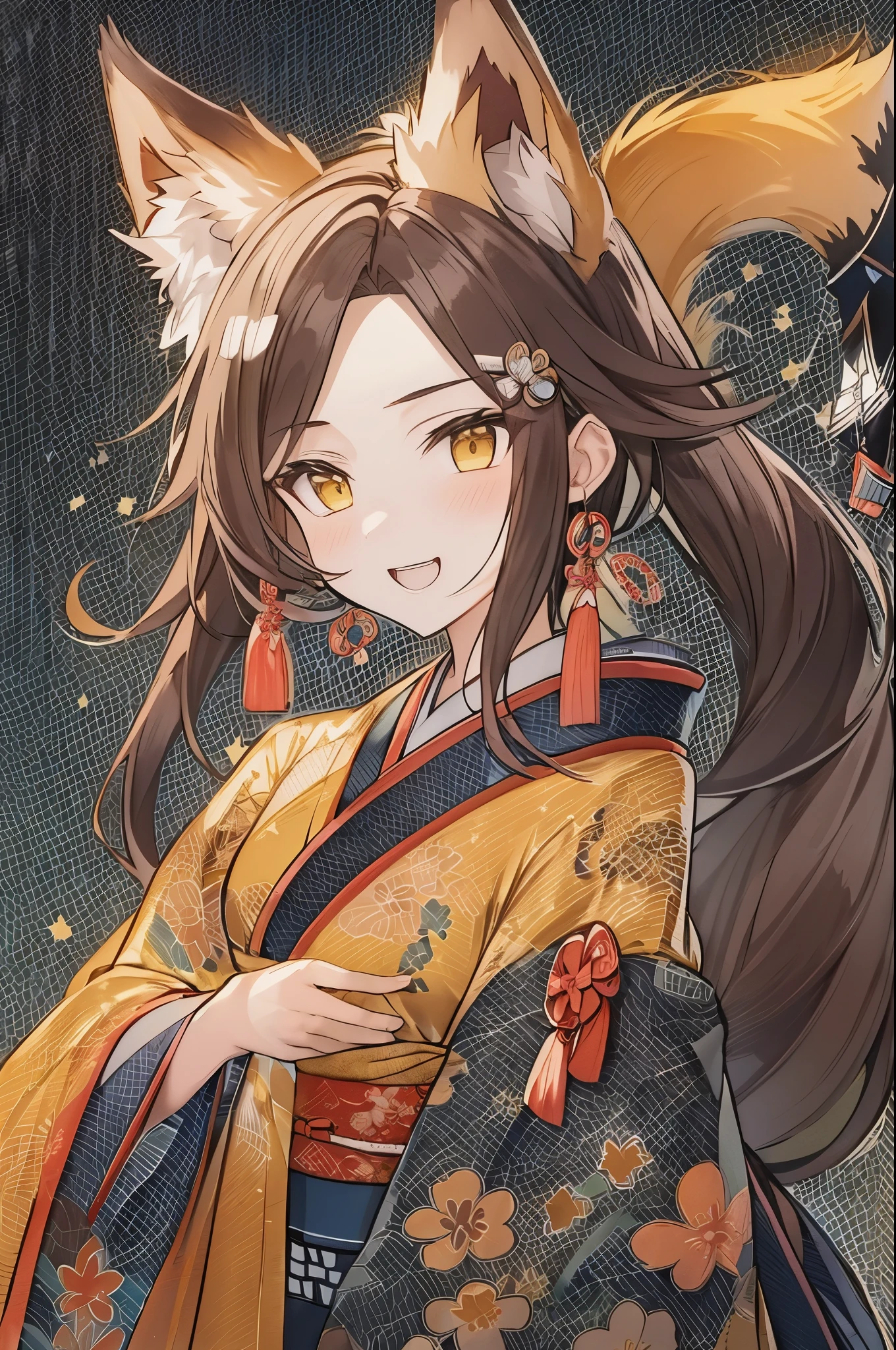 Fox-eared witch,(highest quality:1.2)、girl with long brown ponytail、(yellow fox ears)、(fox tail)、shrine、4K resolution、Traditional Japanese kimono like Onmyoji、big breasts、Illustration similar to Genshin、Clothes like Kitasan Black、looking at the camera,Cool smile,Overall image,put one hand forward,Expressing strength and courage