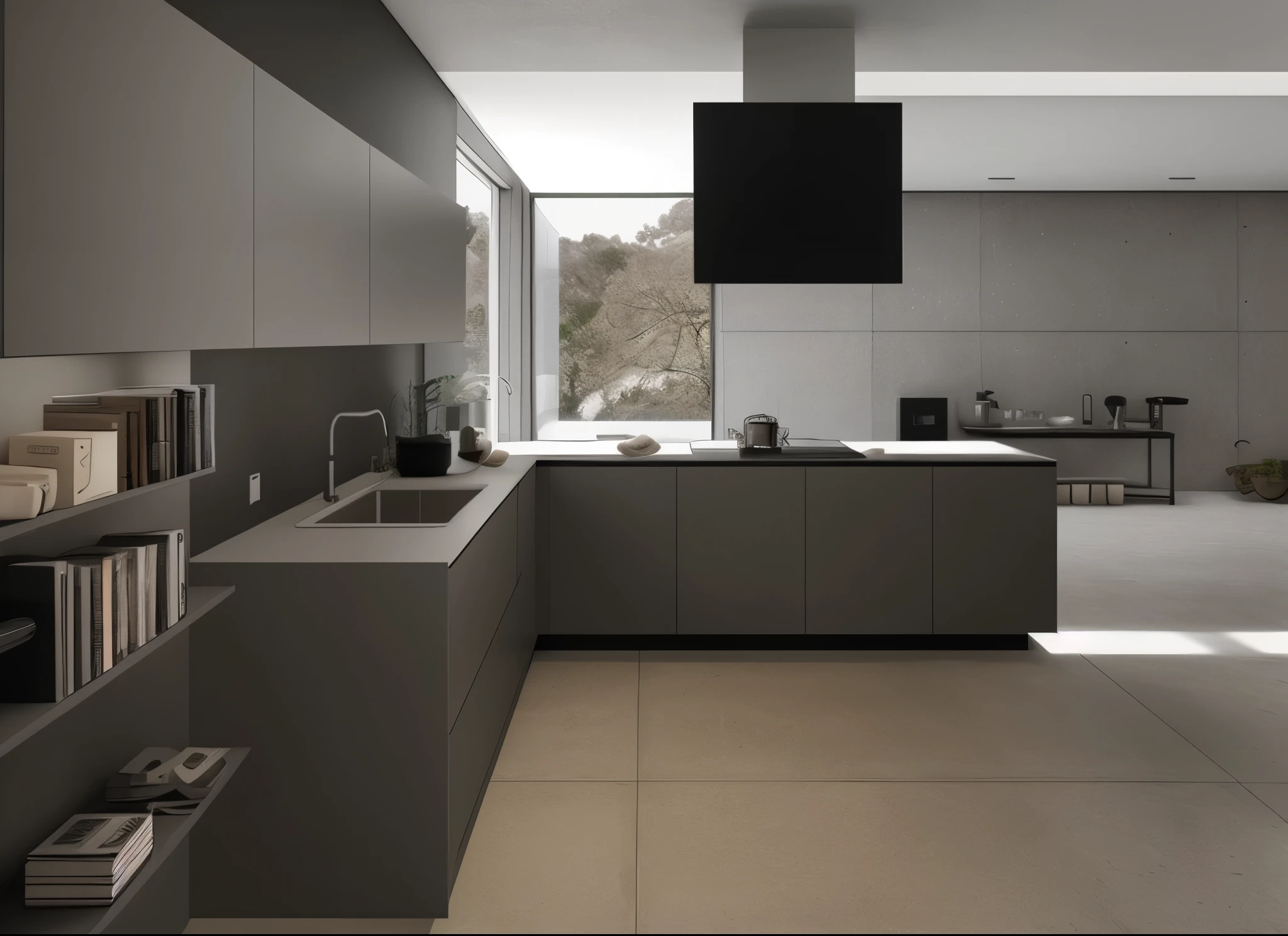 there is a kitchen with a large window and a sink, minimal kitchen, High quality rendering, elegant minimalism, concrete, Luminance rendering, dark kitchen, simple clean lines, Award-winning rendering, kitchen, With smooth lines and powerful strength, minimally modern, LuxCore rendering, Professional rendering, Clear and smooth lines, computer generated, artistic rendering, flat gray