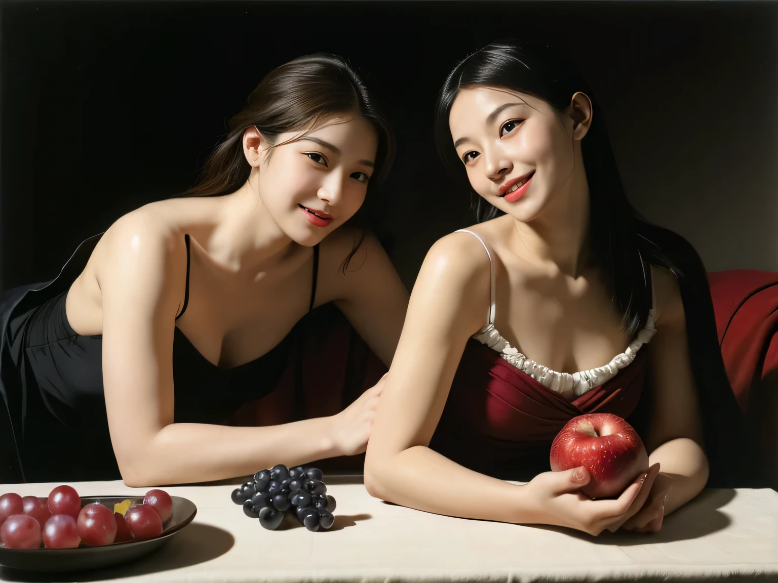 full body portrait ,fruit,grapes,rosa,antique,laughter,,Sweet and seductive appearance.、Caravaggio's paintings、Chiaroscuro of Caravaggio,Two women frolicking,cute smile, expression of ecstasy
