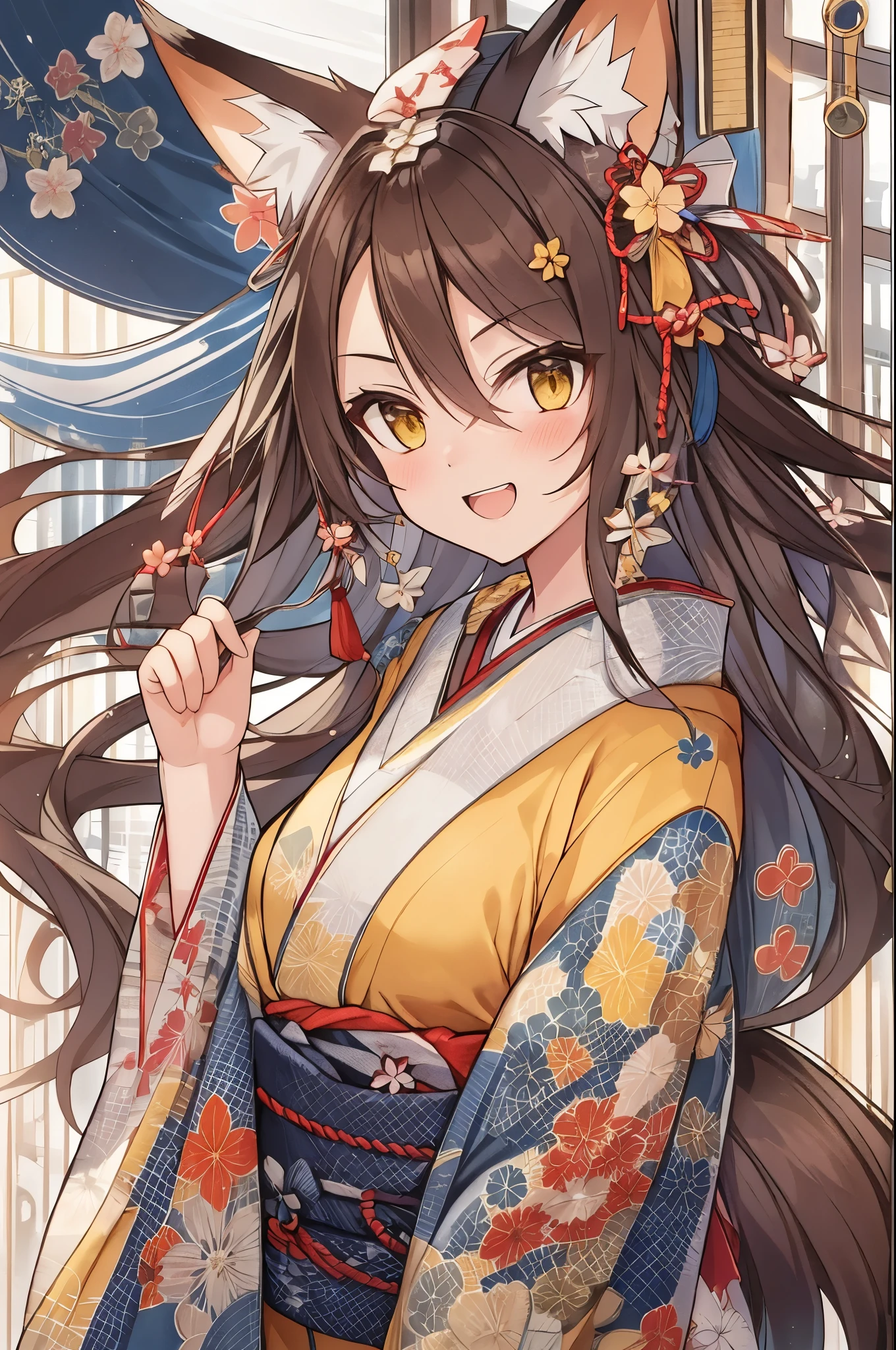 Fox-eared witch,(highest quality:1.2)、girl with long brown ponytail、(yellow fox ears)、(fox tail)、shrine、4K resolution、Traditional Japanese kimono like Onmyoji、big breasts、Illustration similar to Genshin、Clothes like Kitasan Black、looking at the camera,Cool smile,Overall image,put one hand forward,Expressing strength and courage