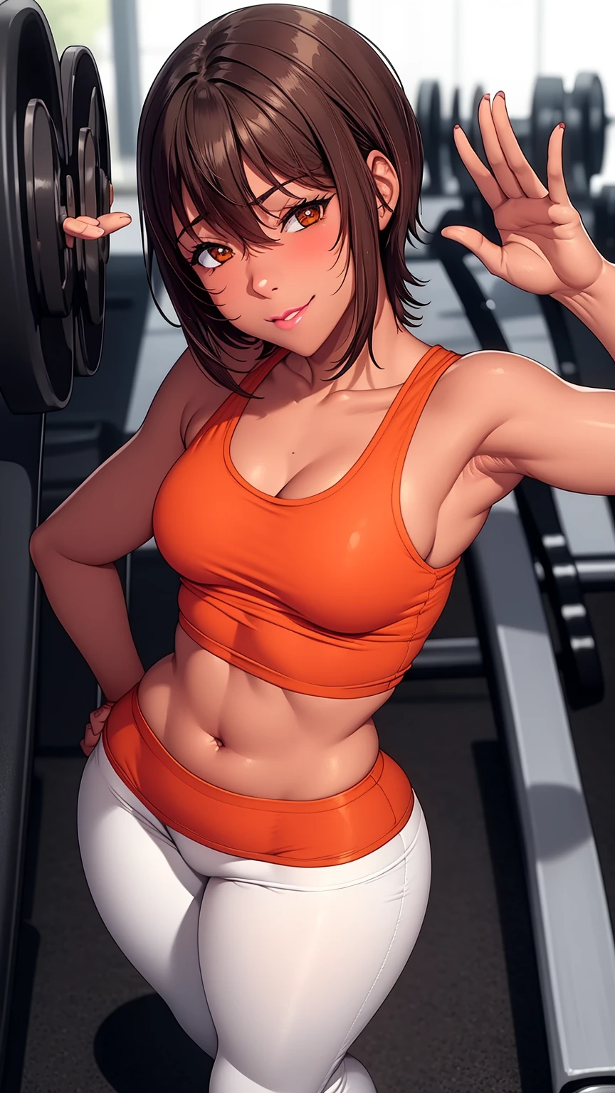 ((small breasts, shiny eyes, orange tank top, white yoga pants, tight clothes)), 1girl, milf, standing, sexy, ((standing, gym background, pose)), with gym equipment, mirrors, ShioriNishimura, dark skin, dark-skinned female, solo, mature female, milf, looking at viewer, happy, smile, kawai, blush, pink lipstck, 
brown hair, short hair, makeup, brown eyes, perfect eyes, perfect face, detailed face, healed