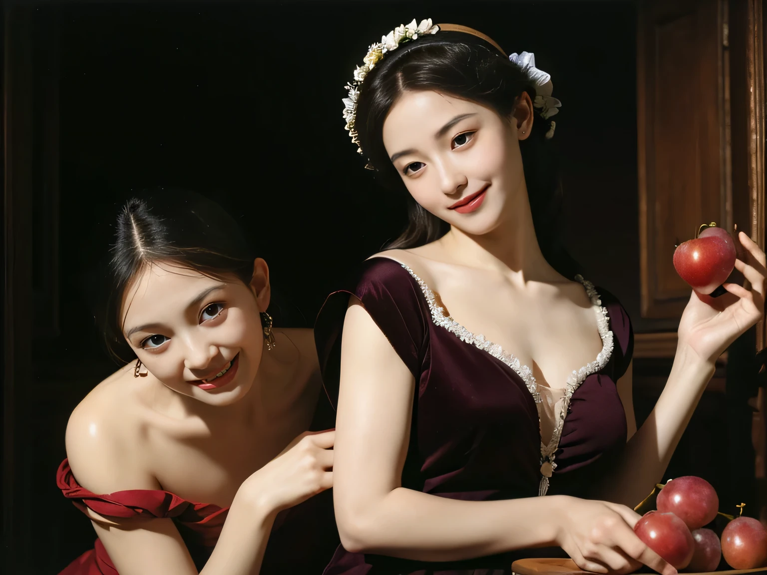 fruits,Grapes,Rosa,antique,A smile,,Sweet and seductive appearance.、Caravaggio's paintings、Chiaroscuro of Caravaggio,Two women frolicking,Cute smile, Expression of ecstasy