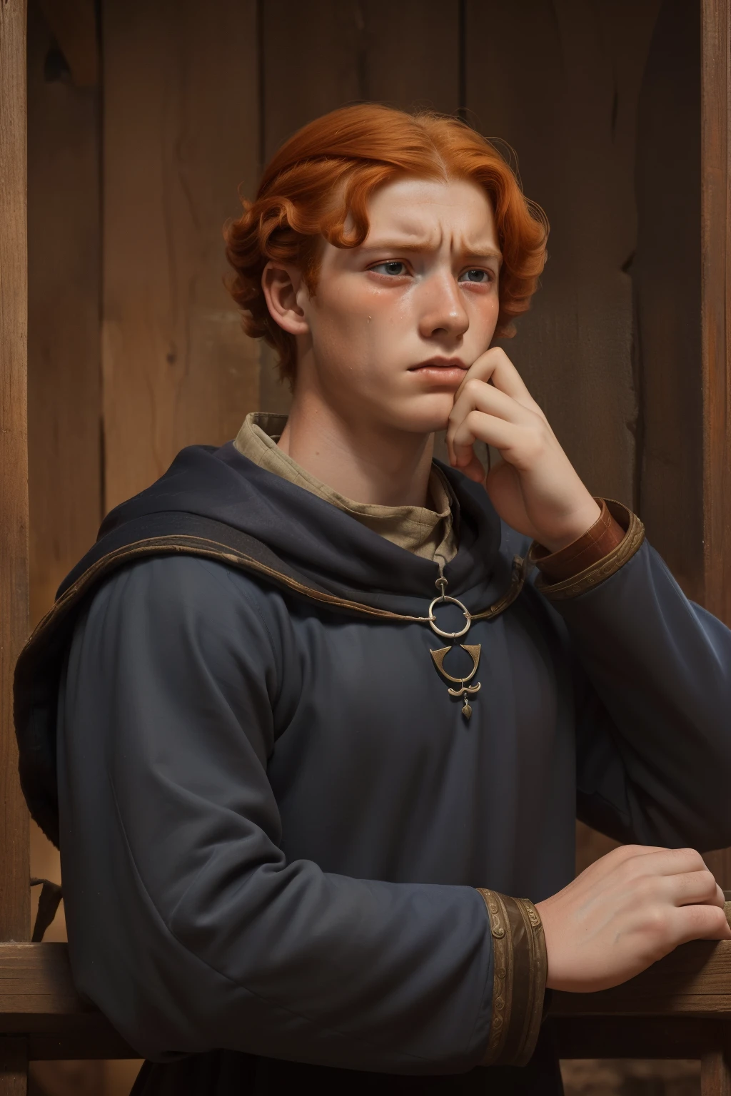 England, 1337. A young ((((16-year-old)) Wulfric)), farmer, strong, angular features, serious, kind, indoors, staring at a tragic disaster in ((shock and horror expression)), ((crying big tears)). ((((clothings from the 1300s)))), ((ginger hairstyle of the 1300s))