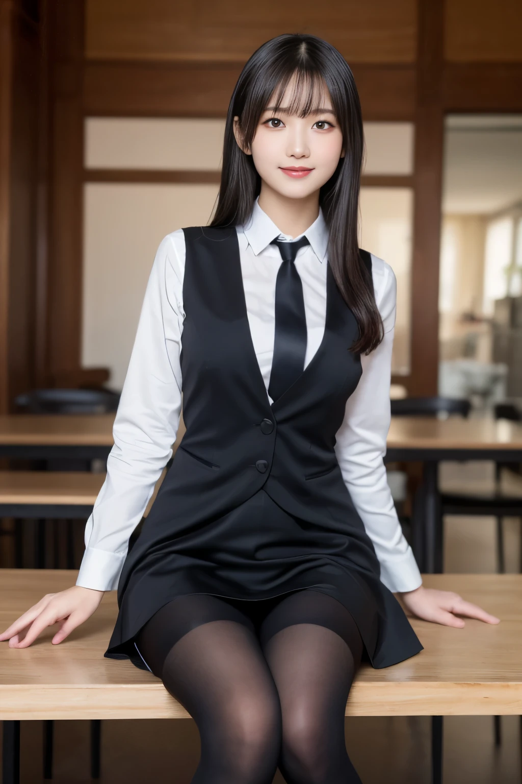 table top, highest quality, figure, super detailed, finely, High resolution, 8k wallpaper, 完璧なダイナミックな構figure, beautiful and fine eyes, business suit，natural color lip, smile、18 year old girl，Wearing black tights and stockings、plump thighs、shortcut