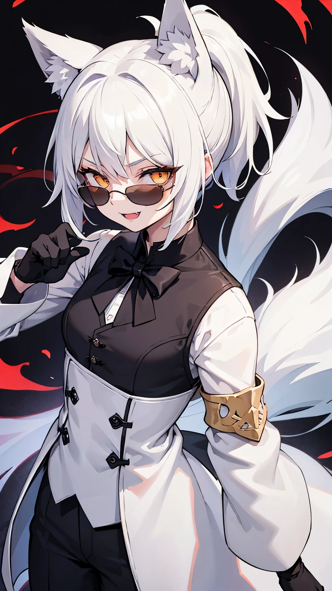 1 girl, solo, medium chest, anthropomorphic wolf, {{pointed wolf ears}}, wolf tail, white hair, short hair, {{long ponytail}}, golden eyes, lowered round sunglasses, evil smile, fangs, male attire, white dress shirt, black tie, gray waistcoat, black jacket, black pants, black gloves,
Standing, top view, Chinese style embroidery,