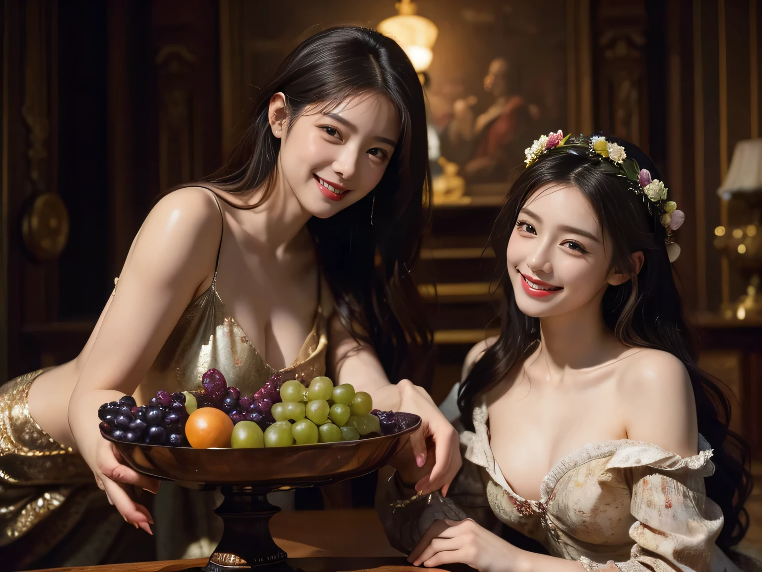 fruits,Grapes,Rosa,antique,A smile,,Sweet and seductive appearance.、Caravaggio's paintings、Chiaroscuro of Caravaggio,Two women frolicking,Cute smile, Expression of ecstasy