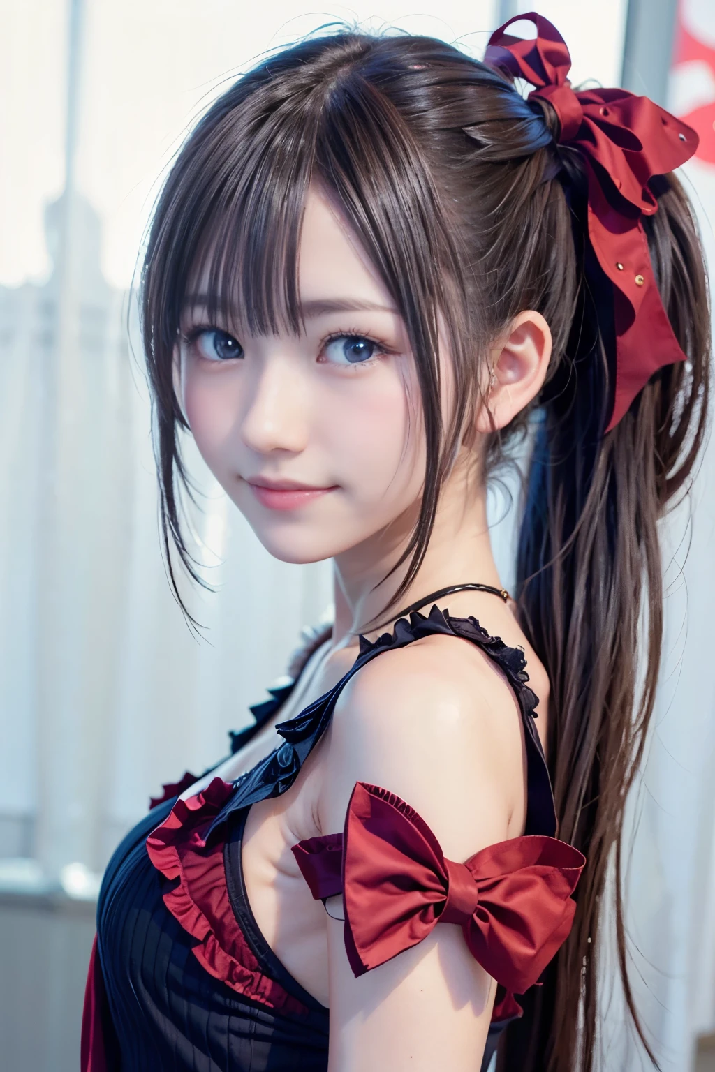 Super beautiful CG、one girl, ponytail, smile, brown hair、deep blue eyes、big ribbon、