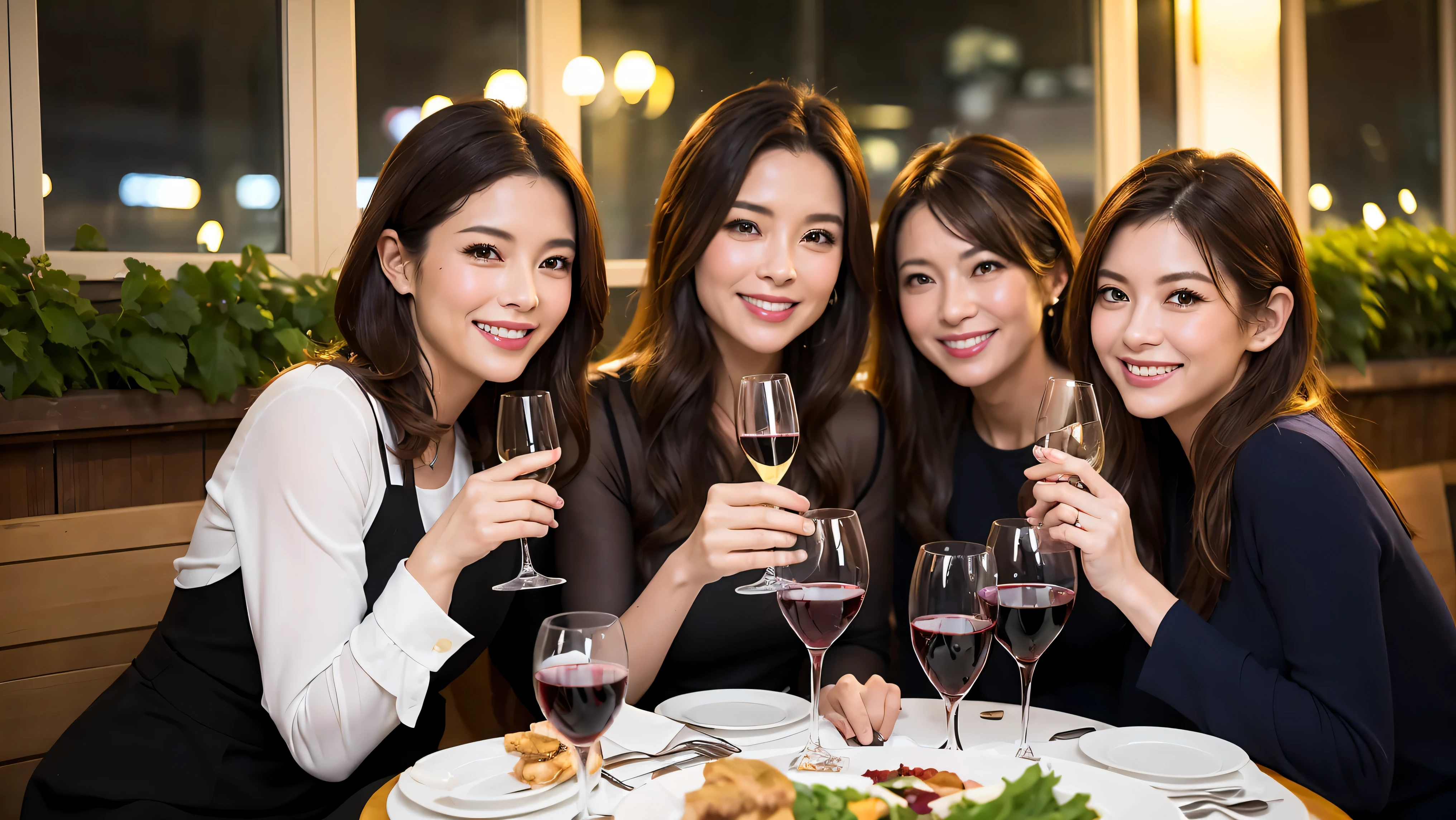 64k, UHD, highest quality, masterpiece: 1.2), (realistic, photorealistic: 1.37),やわらかなsmile、gentle expression、 Super detailed, celebration party、beauty、charm、beautiful mature woman、3 women who love wine、three men、Tokyo、Yokohama、Paris、London、venice、Rome、Champagne、sparkling wine、winter night、restaurantでワイン宴会、(slimな男女4名),(Wine party for 5 people)、(slimフェイス),Happy、 最高なsmile、Fox Face、Berry Short、(because I'thin), (brown hair), (shortcut), long sleeve shirt、winter fashion、Columbia、Brazilian、Japanese、Dutch、German、Portuguese、Belgian、Italian、French, (Squirting), (slimボティ), (brown hair), (shortcut), 端正なbeauty、cheeks blush a little, (41 years old), 38 years old, 35 years old、32 years old、 A beautiful and detailed night view spreads out outside the window..........., restaurant, wine glassが座っている, At night, in a prominent place (from the Upper body) nova frog style, actress, model, Upper body, White wine, slim, wine glass, Very beautiful night view, wine glass Put in the Middle, Happy smile, (smile: 1.15),