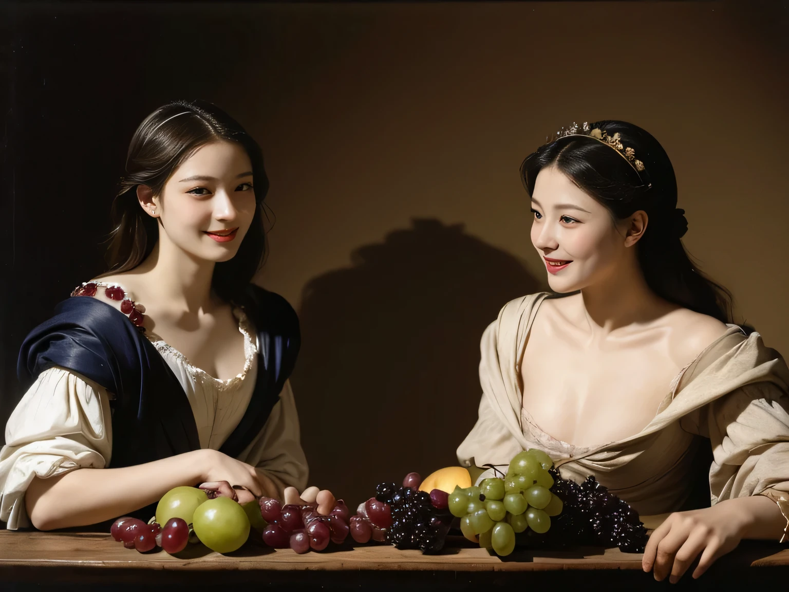 fruits,Grapes,Rosa,antique,A smile,,Sweet and seductive appearance.、Caravaggio's paintings、Chiaroscuro of Caravaggio,Two women frolicking,Cute smile, Expression of ecstasy