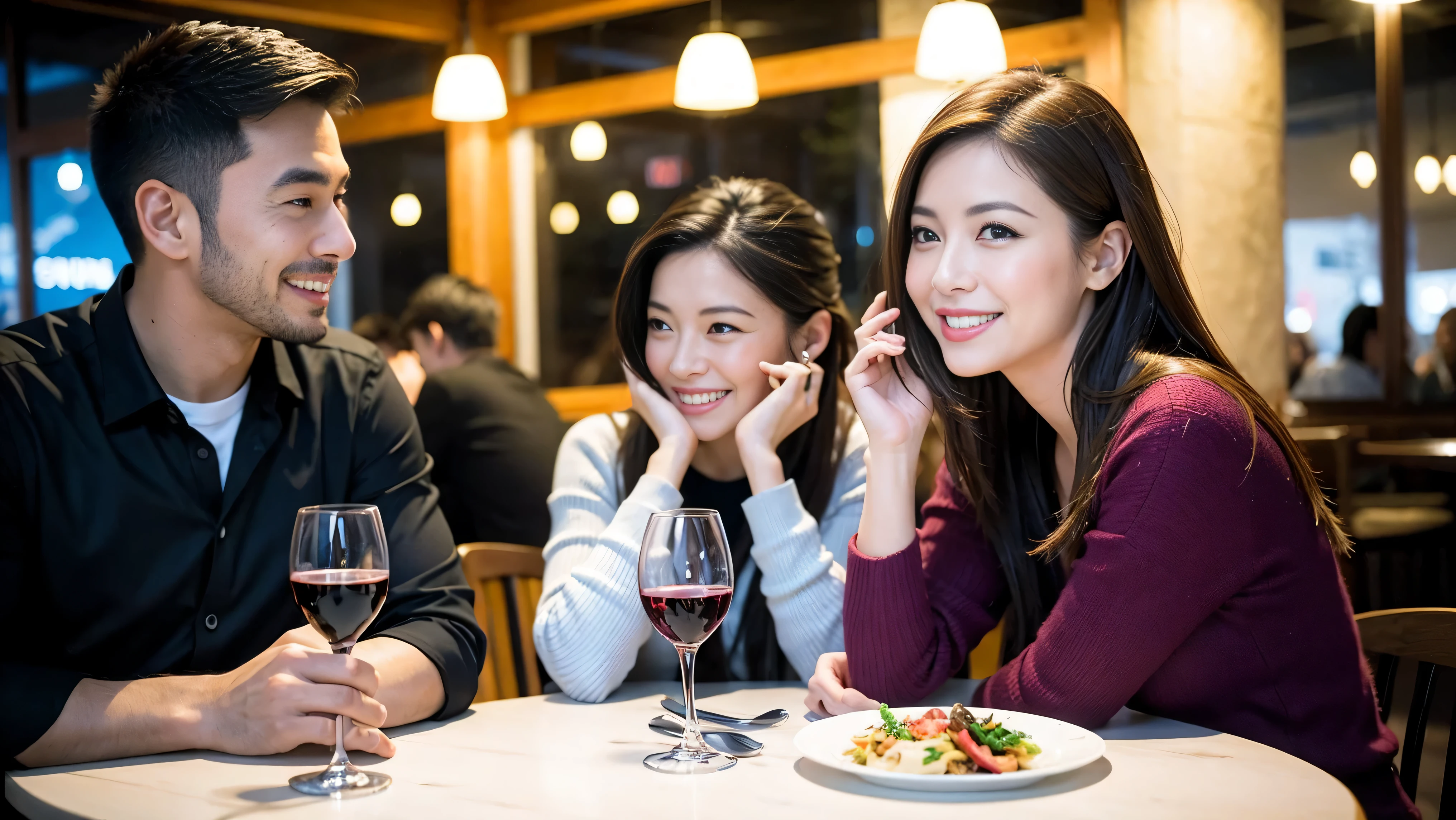 64k, UHD, highest quality, masterpiece: 1.2), (realistic, photorealistic: 1.37),やわらかなsmile、gentle expression、 Super detailed, celebration party、beauty、charm、beautiful mature woman、3 women who love wine、three men、Tokyo、Yokohama、Paris、venice、Rome、Champagne、sparkling wine、winter night、restaurantでワイン宴会、(slimな男女4名),(Wine party for 5 people)、(slimフェイス),Happy、 最高なsmile、Fox Face、Berry Short、(because I'thin), (brown hair), (shortcut), long sleeve shirt、winter fashion、Columbia、Brazilian、Japanese、Dutch、German、Portuguese、Belgian、Italian、French, (Squirting), (slimボティ), (brown hair), (shortcut), 端正なbeauty、cheeks blush a little, (41 years old), 38 years old, 35 years old、32 years old、 A beautiful and detailed night view spreads out outside the window..........., restaurant, wine glassが座っている, At night, in a prominent place (from the Upper body) nova frog style, actress, model, Upper body, White wine, slim, wine glass, Very beautiful night view, wine glass Put in the Middle, Happy smile, (smile: 1.15),