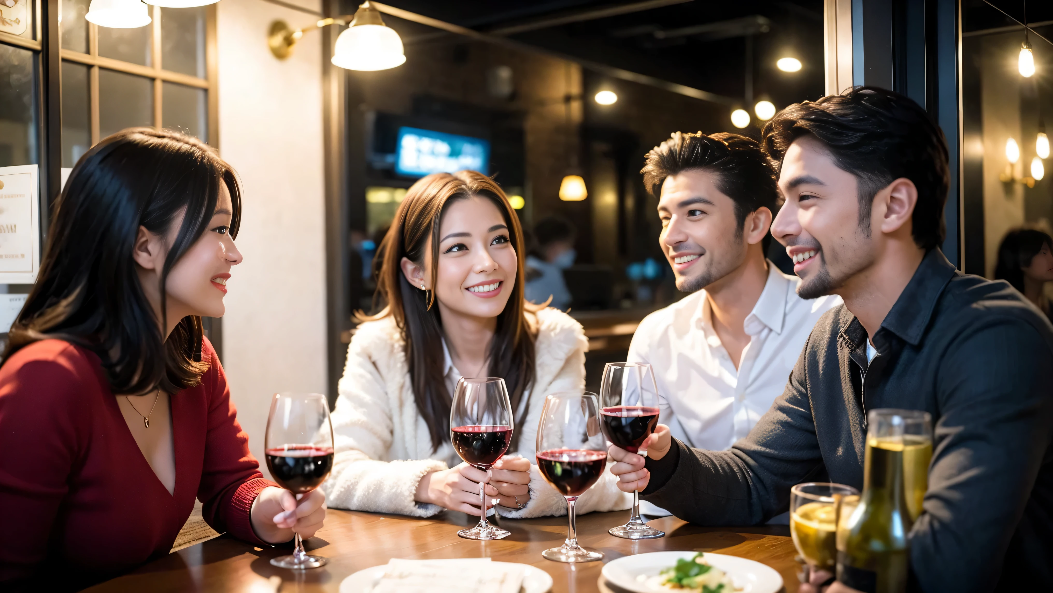 64k, UHD, highest quality, masterpiece: 1.2), (realistic, photorealistic: 1.37),やわらかなsmile、gentle expression、 Super detailed, celebration party、beauty、charm、beautiful mature woman、3 women who love wine、three men、Tokyo、Yokohama、Paris、venice、Rome、Champagne、sparkling wine、winter night、restaurantでワイン宴会、(slimな男女4名),(Wine party for 5 people)、(slimフェイス),Happy、 最高なsmile、Fox Face、Berry Short、(because I'thin), (brown hair), (shortcut), long sleeve shirt、winter fashion、Columbia、Brazilian、Japanese、Dutch、German、Portuguese、Belgian、Italian、French, (Squirting), (slimボティ), (brown hair), (shortcut), 端正なbeauty、cheeks blush a little, (41 years old), 38 years old, 35 years old、32 years old、 A beautiful and detailed night view spreads out outside the window..........., restaurant, wine glassが座っている, At night, in a prominent place (from the Upper body) nova frog style, actress, model, Upper body, White wine, slim, wine glass, Very beautiful night view, wine glass Put in the Middle, Happy smile, (smile: 1.15),