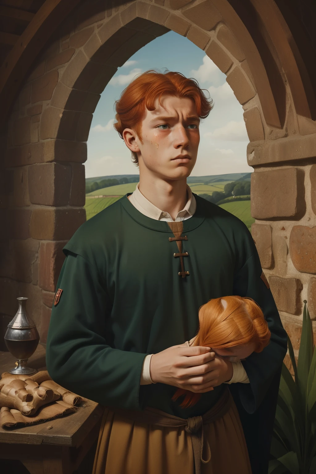 England, 1337. A young ((((16-year-old)) Wulfric)), farmer, strong, angular features, serious, kind, indoors, staring at a tragic disaster in ((shock and horror expression)), ((crying big tears)). ((((clothings from the 1300s)))), ((ginger hairstyle of the 1300s))