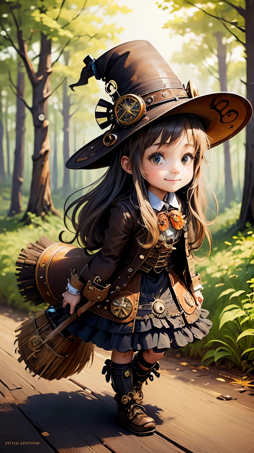steampunkai。highest quality。masterpiece。detailed details。one girl。little cute girl。steampunk witch。witch hat。witch's clothes。long light brown fluffy hair。smile。carry a big broom。Running on the road。The background is a forest with bright light shining through.。