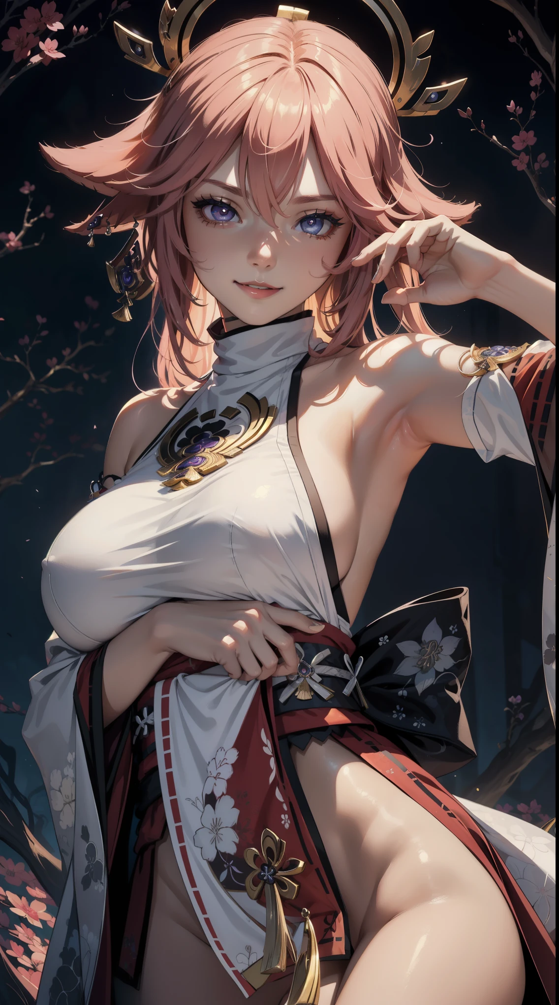 grasping and squeezing breasts,((masterpiece)),(bestquality),((ultra-detailed)), (beautiful detailed face), depth of field,detailed,((beautiful detailed eyes)), (fantasy art:1.5), ((yaemikodef)), cowboy shot, (armpits pose:1.2), body goals, perfect body, official art, gigantic breast, cute, smile,