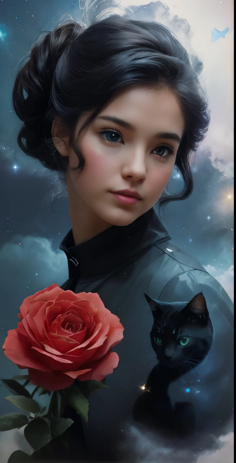 cute mystery three dimensional silhouette of a cat in profile, full body shot, double exposure blending together a cat and stars, galaxies and shooting star fish, vintage colors, 80's vibes, maximalist, poster, hyperdetailed, 36k resolution Kodak professional, puffy blue cloud midnight black background,