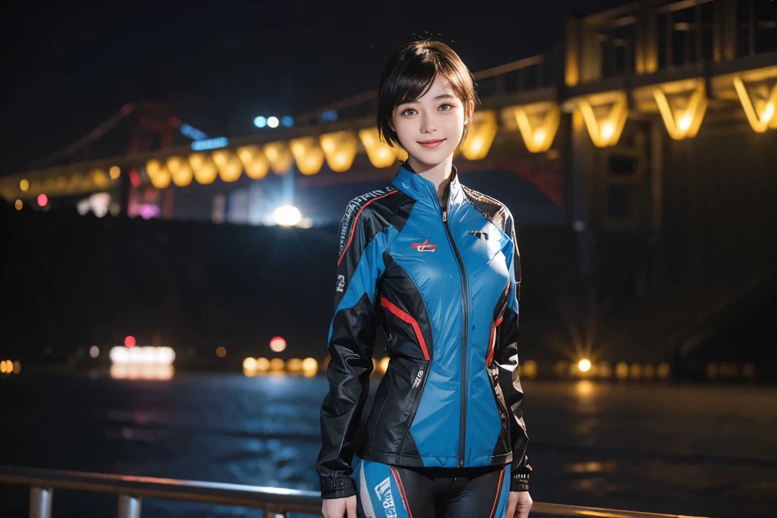 162
Shorthair,  (a 20 yo woman, standing), A hyper-realistic, gentle smile, sci-fi cool suit, (口紅)
