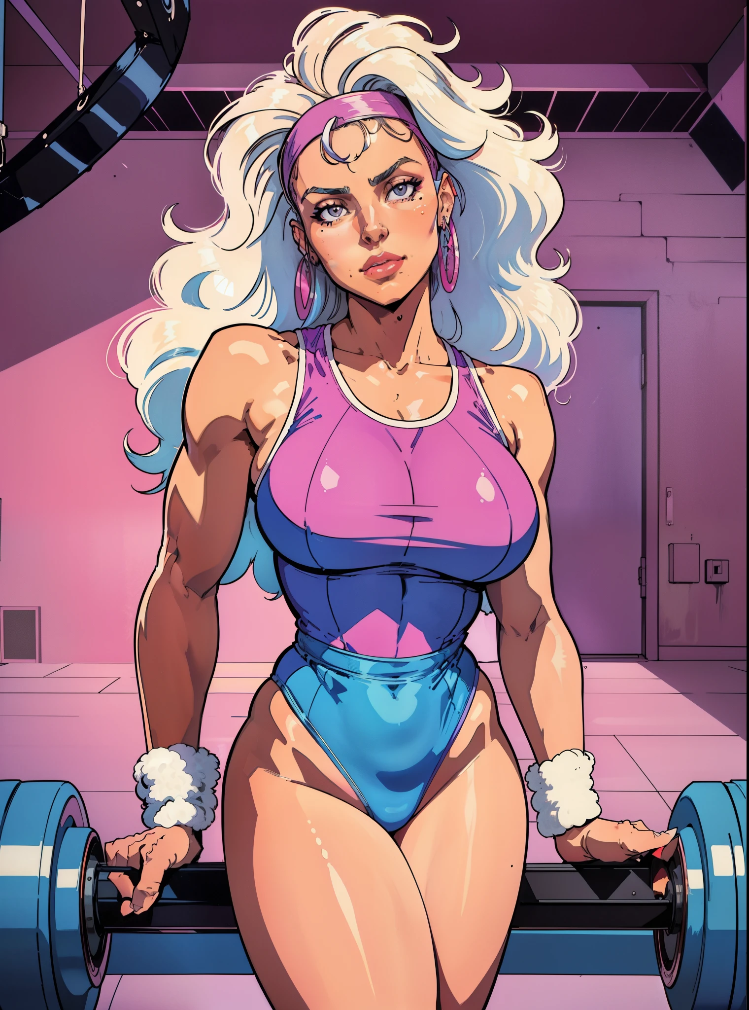 simple background (in women's 1980s gym leotard: 1.4), thin neon headband, legwarmers, wrist sweatbands, neon clothing, 80s aesthetic, fluffy hairspray hairstyle, good hand, 4k, high resolution, masterpiece, best quality, head: 1.3, ((Hasselblad photo)), finely detailed skin, clear focus, (cinematic lighting), soft lighting, (big fluffy hair) dynamic angle, [:(detailed face: 1.2):0.2], belly gaze, huge breasts, breasts, (((inside the mansion))), 1girl, jewelry, earrings, neon_blue_sky, solo, mole, long_hair,   mole_under_eye, upper_body, grey_eyes, looking_at_viewer, puffy hair, 1980s fashion (head tilt: 1.4), plain background, red background,