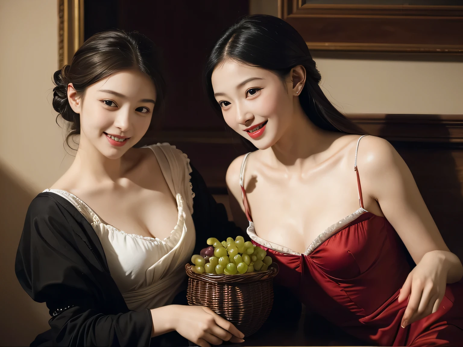 fruits,Grapes,Rosa,antique,A smile,,Sweet and seductive appearance.、Caravaggio's paintings、Chiaroscuro of Caravaggio,Two women frolicking,Cute smile, Expression of ecstasy
