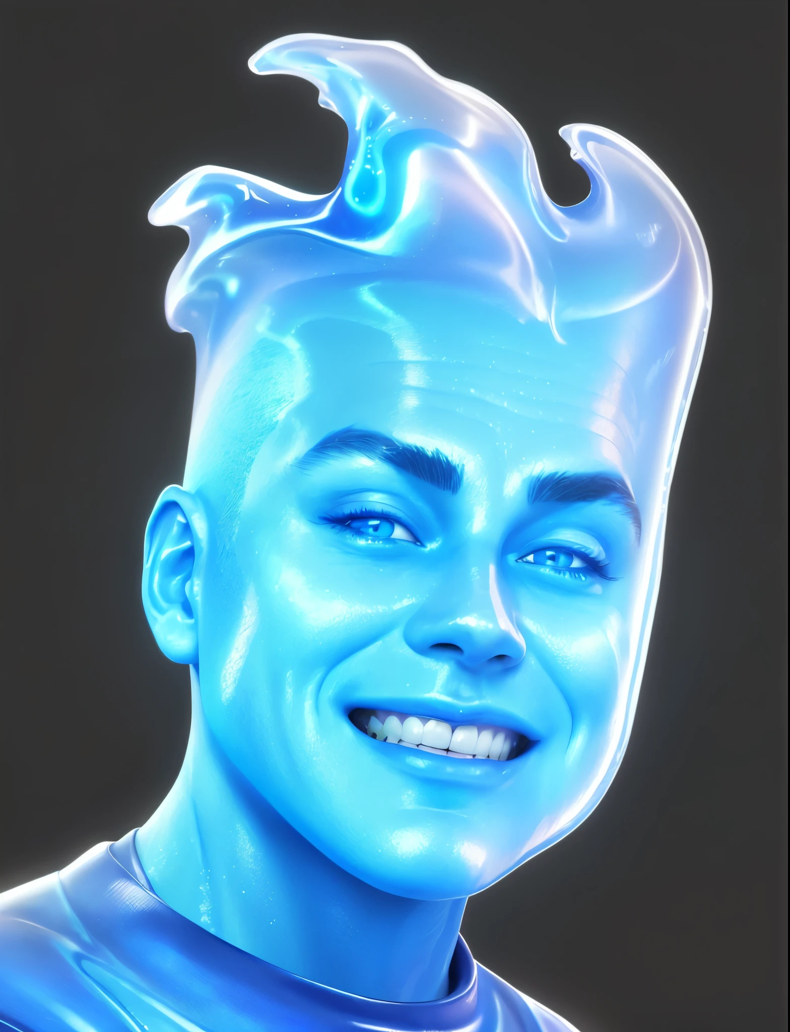 portrait of a beautiful handsome man, water superpower man, blue water skin effect, deep blue eyes, cgi render, movie vfx render, 8k, glossy water texture, 3d gradient