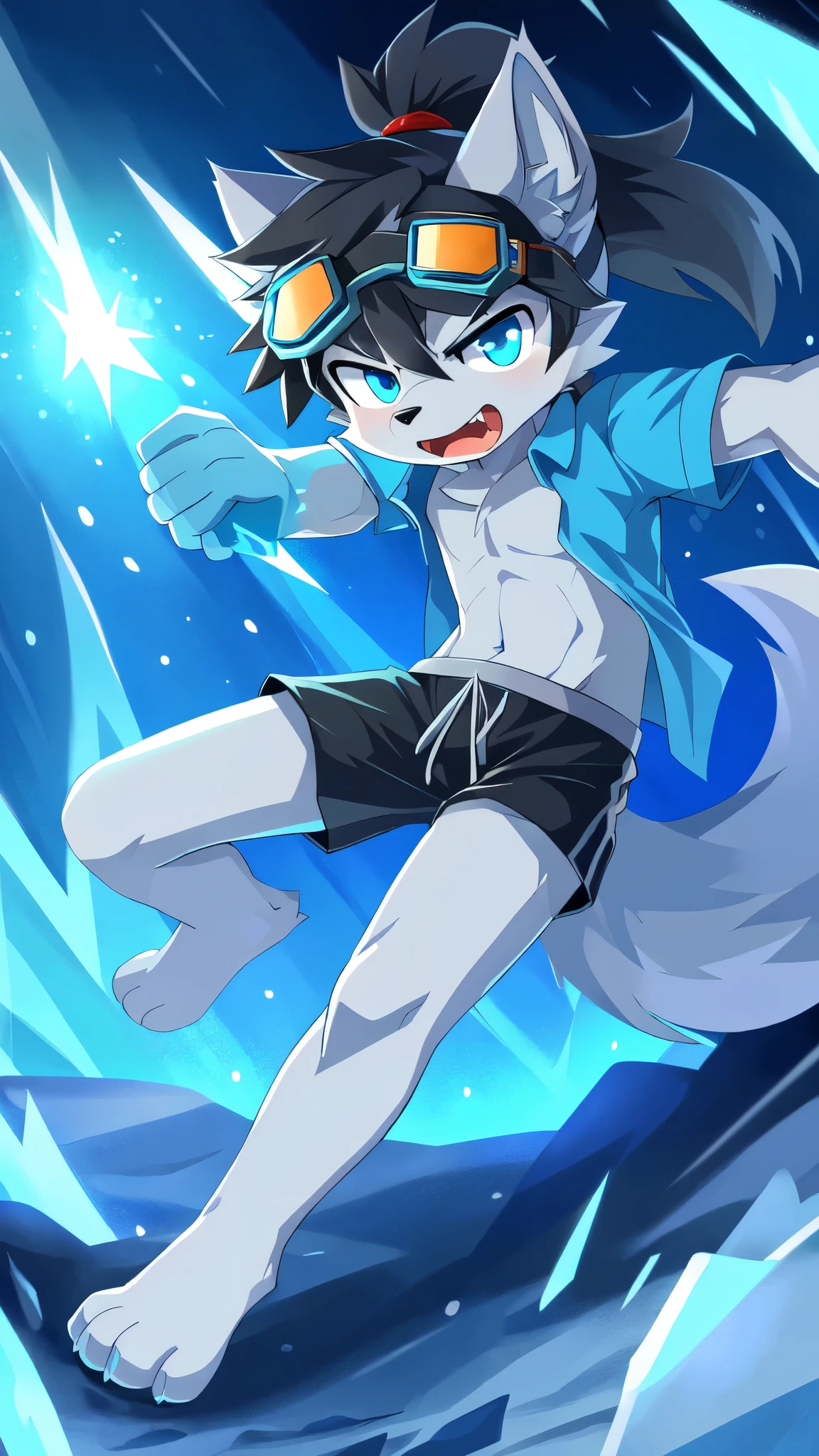 Furry shota, Young, wolf, black hair, long spiky ponytail, blue eyes, detailed body fur, ((blue hawaiian shirt, open clothes, black swim trunks, goggles)), masterpiece, looking at you, fangs, clear grey body fur, detailed face, big eyebrows, detailed eyes, detailed body, detailed body fur, detailed hands, flat body, glistering body, shiny body, skinny, angry expresion, open mouth, looking at you, glow throughout the scene, snow forest, snow rain, ice particles, punch act, action pose, (control of ice, ice slash effect, ice powers, ice fists, punch), solo, full body, feets whit three toes,