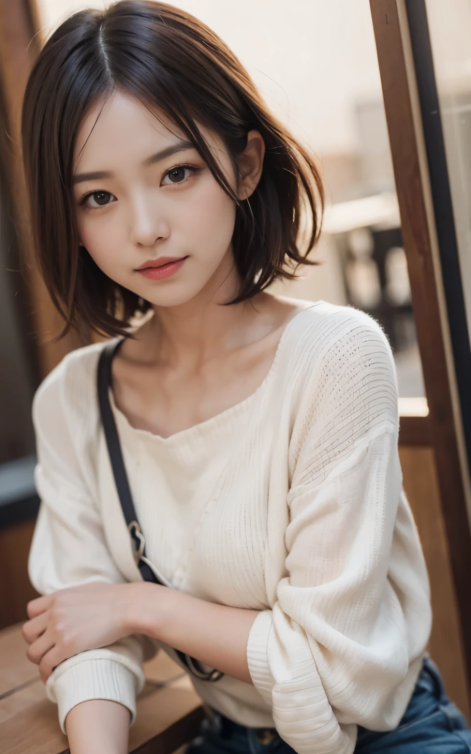 cute japanese 21 years old、nice cafe、attention to detail、double eyelid、beautiful thin nose、sharp focus:1.2、Beautiful woman:1.4、(light brown hair、short hair、) 、pure white skin、highest quality、masterpiece、超High resolution、(Photoreal:1.4)、High resolution, professional lighting、nice smile、show your whole body、cute fall clothes、Chest glimpsed、