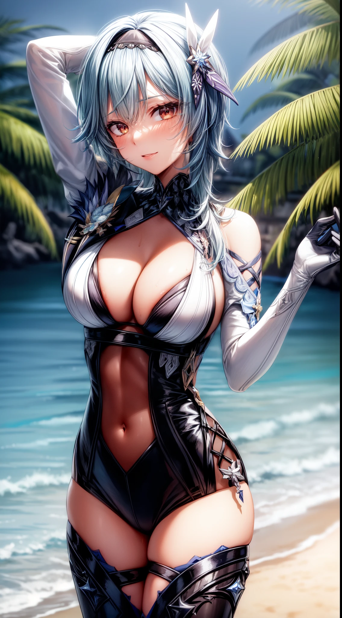 anime, beautiful face, highly detailed face, (2 accurate legs:1), brown detailed eyes, highly detailed beach background, perfect lighting, best lighting, (no shadows:1.2), 1girl, solo, outdoors, genshin impact, eula, hair ornament, (beautiful light blue hair hair:1.2), absurdres, high res, ultrasharp, 8K, masterpiece, looking at viewer, teasing smile, facial expressions full of love, BREAK (detailed sexy beach bikini:1.4), (all intricate lace:1.2), (elegant pose:1.2)