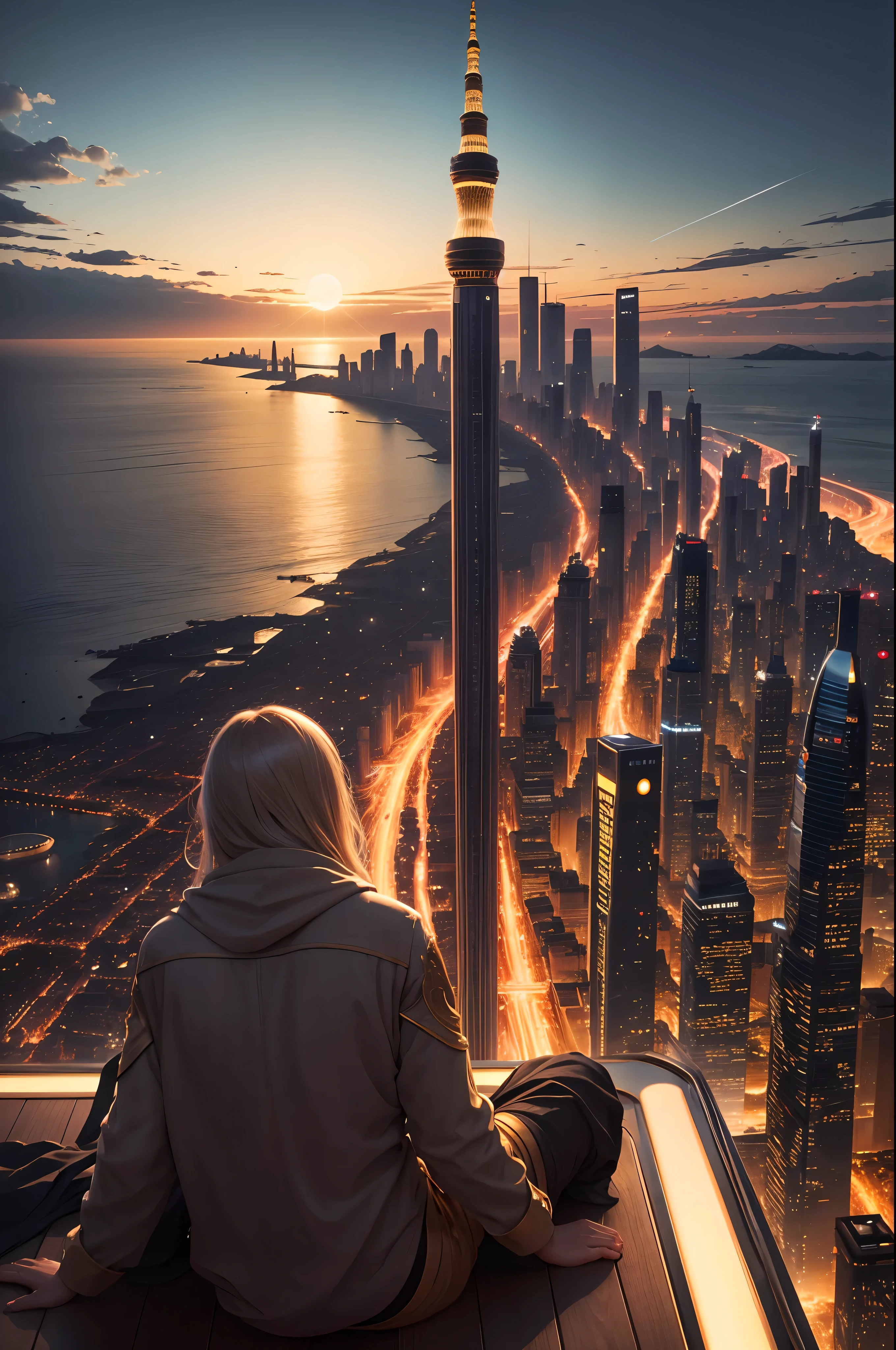 from the sea looking out over the horizon is the golden city of lights, a golden-bronze utopian sci fi paradise city that is home free to all who seek asylum from their past and know of it. However, there are few who know of the city of lights, and you can know if it through song.