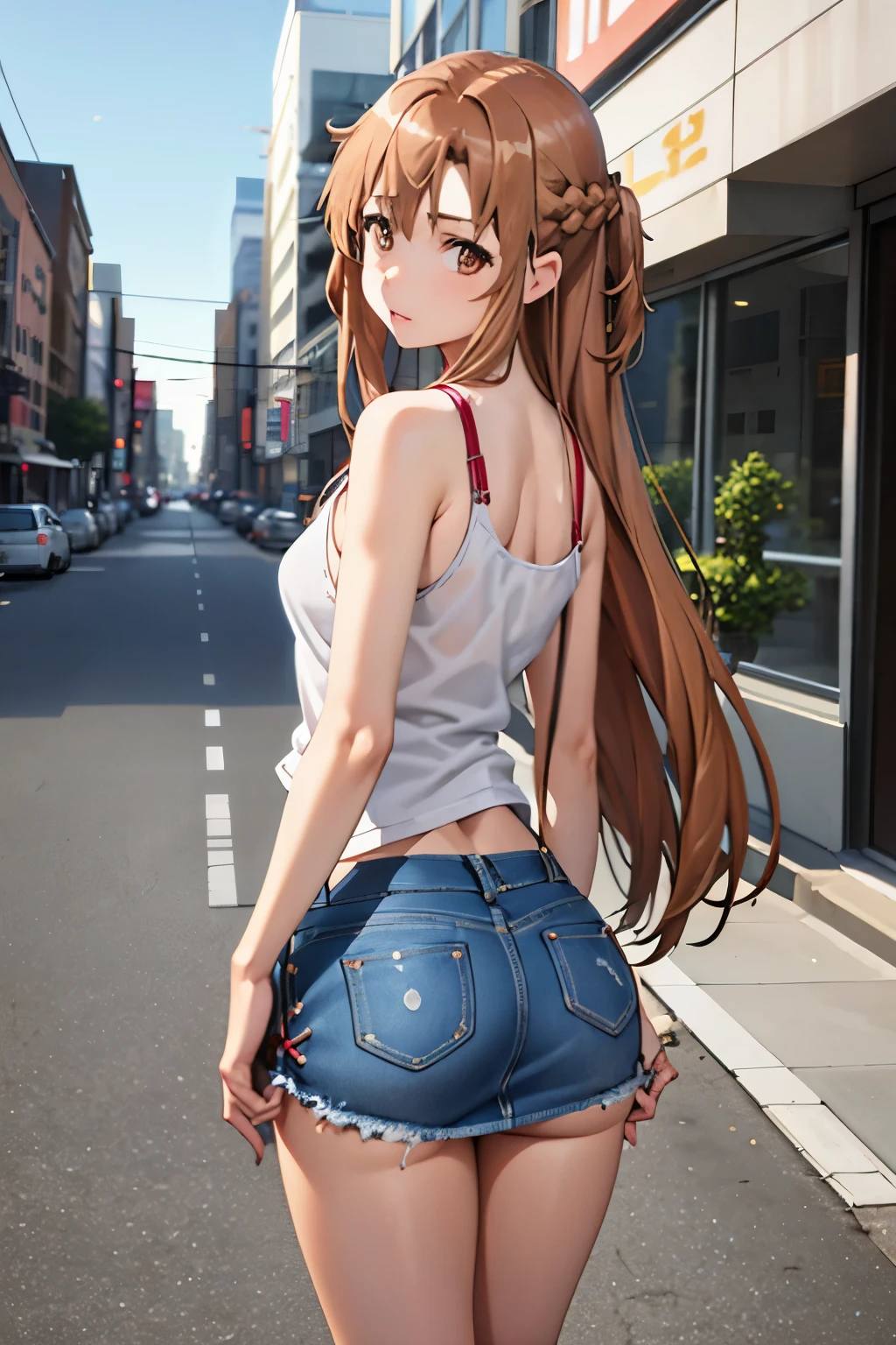 1girl in, Yuuki Asuna, Brown hair, Brown eyes, medium breasts, Long hair, braid, Kotovo,Denim ,Vintage 90's Downtown Girl Denim Pleated Mini Skirt  , ,big , white tank top , skirt blowing  tight t shirt ,bending over showing ass 