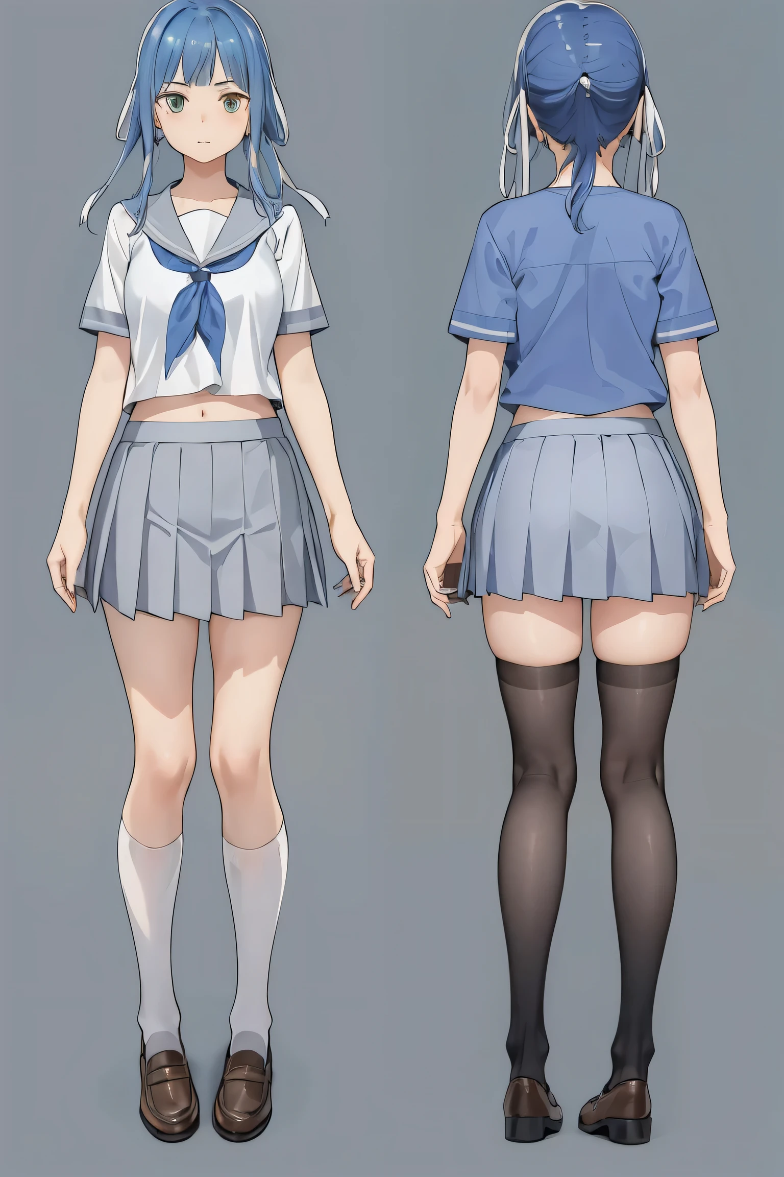 danArtemis, long hair, low ponytail, hair ribbon,
BREAK wearing grey skirt, midriff peek, pleated skirt, school uniform, serafuku, short sleeves, skirt, uranohoshi school uniform:1.2)
BREAK (multiple views:1.5),from behind,from_front,(blue background:1.3),(full body:1.4),arms at sides,
BREAK village, autumn,
BREAK (masterpiece:1.2), best quality, high resolution, unity 8k wallpaper,NSFW ,(illustration:0.8), extremely detailed face, perfect lighting, extremely detailed CG, (perfect hands, perfect anatomy),