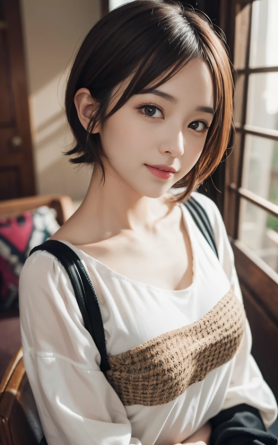 cute japanese 21 years old、nice cafe、attention to detail、double eyelid、beautiful thin nose、sharp focus:1.2、Beautiful woman:1.4、(light brown hair、short hair、) 、pure white skin、highest quality、masterpiece、超High resolution、(Photoreal:1.4)、High resolution, professional lighting、nice smile、show your whole body、cute fall clothes、