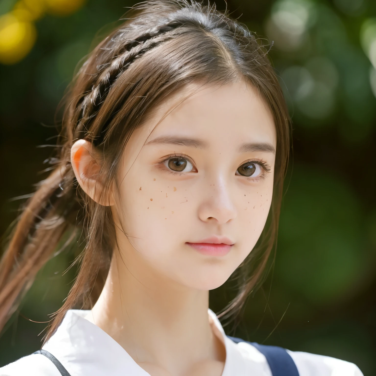 A 17 years old girl with wayv hair she's wearing a comfy outfit, she has hazel eyes a little freckles big eyes ang small nose, with oval face, a plump pink lips