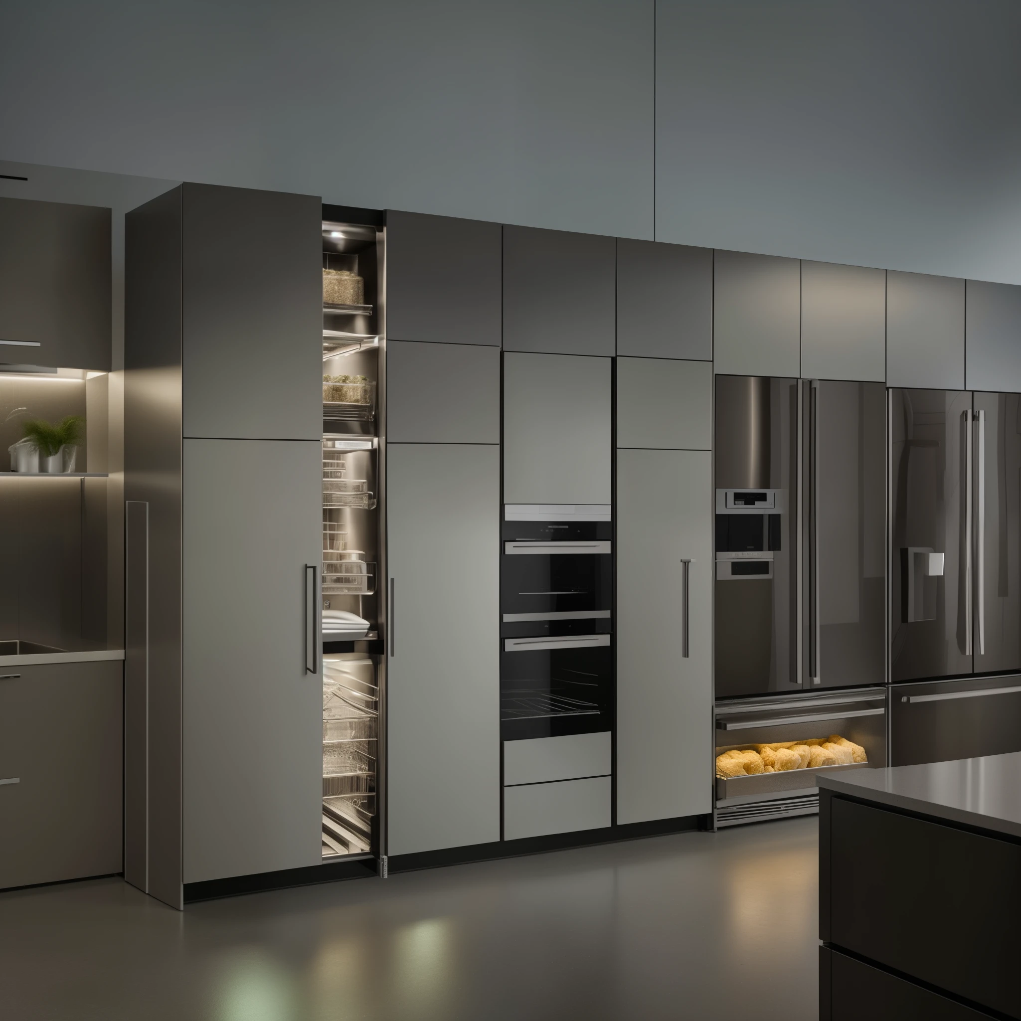 Close-up of kitchen with refrigerator and sink, Stylish utopian design, Stylish streamlined design, With smooth lines and powerful strength, Surreal", Surreal", award-winning crisp details”, award-winning crisp details”, Surreal", Super fine details”, Surreal", Surreal", Exquisite details, stunning details, Surreal", Surreal"
