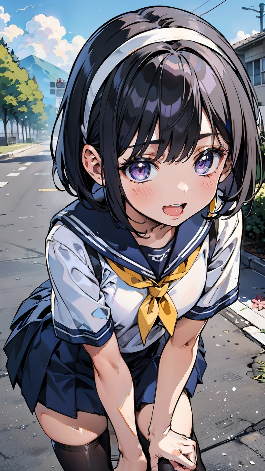 sailor suit, one woman, (a beauty woman, delicate :1.3), 8K, highest quality, masterpiece, Super detailed, ultra high resolution, realistic, RAW photo, absolute resolution, black hair, bob cut, small face compared to body, very small face, black hair, navy blue sailor uniform, Dark blue skirt, High school girl in sailor suit, Anime 2D rendering, realistic若いアニメの女子高生, , ((white headband)), (white headband), position looking down from above, small breasts, tall, slanted eyes, purple eyes, (school scenery), black stockings, bright color, open your mouth, smile,