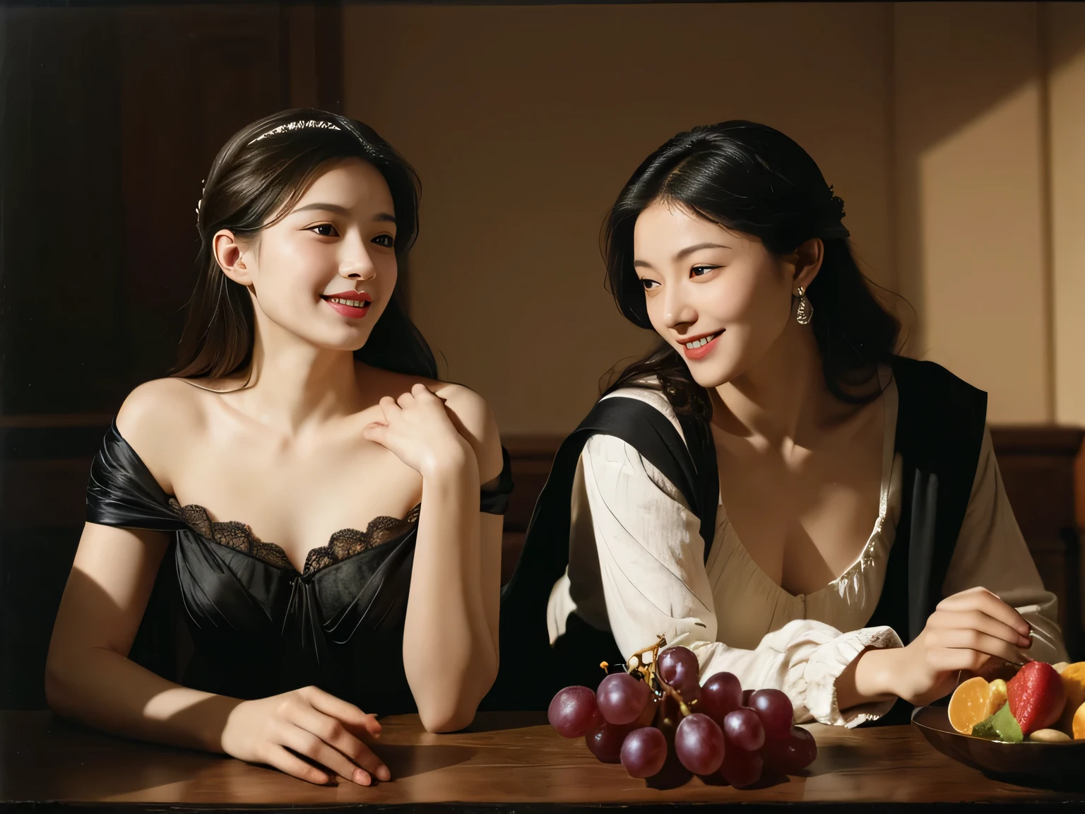 fruits,Grapes,Rosa,antique,A smile,,Sweet and seductive appearance.、Caravaggio's paintings、Chiaroscuro of Caravaggio,Two women frolicking,Cute smile, Expression of ecstasy
