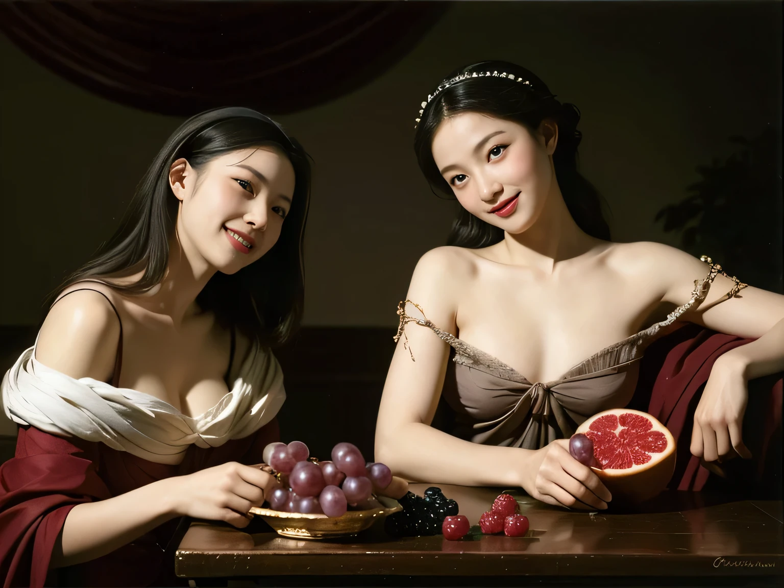 fruits,Grapes,Rosa,antique,A smile,,Sweet and seductive appearance.、Caravaggio's paintings、Chiaroscuro of Caravaggio,Two women frolicking,Cute smile, Expression of ecstasy