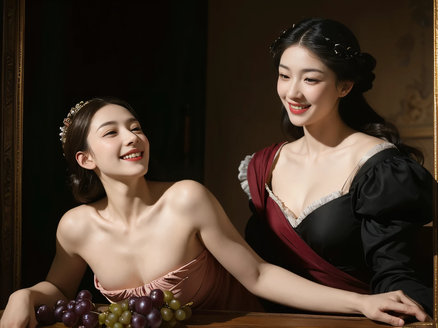 fruits,Grapes,Rosa,antique,A smile,,Sweet and seductive appearance.、Caravaggio's paintings、Chiaroscuro of Caravaggio,Two women frolicking,Cute smile, Expression of ecstasy